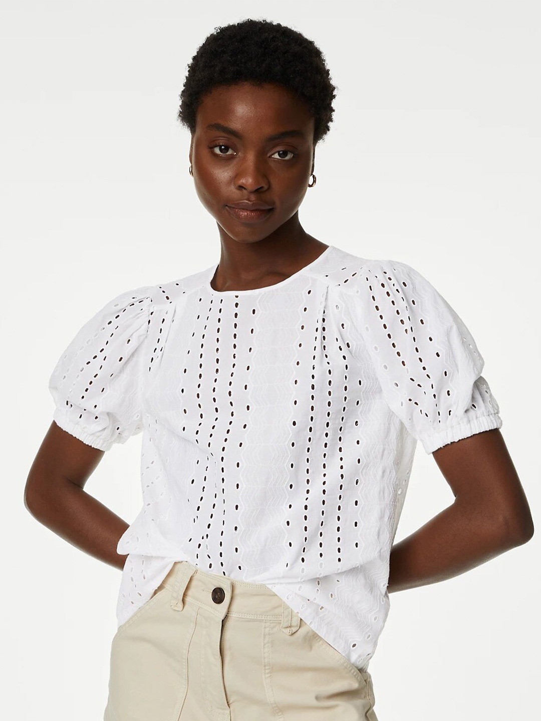 

Marks & Spencer Puff Sleeves Pure Cotton Top, White