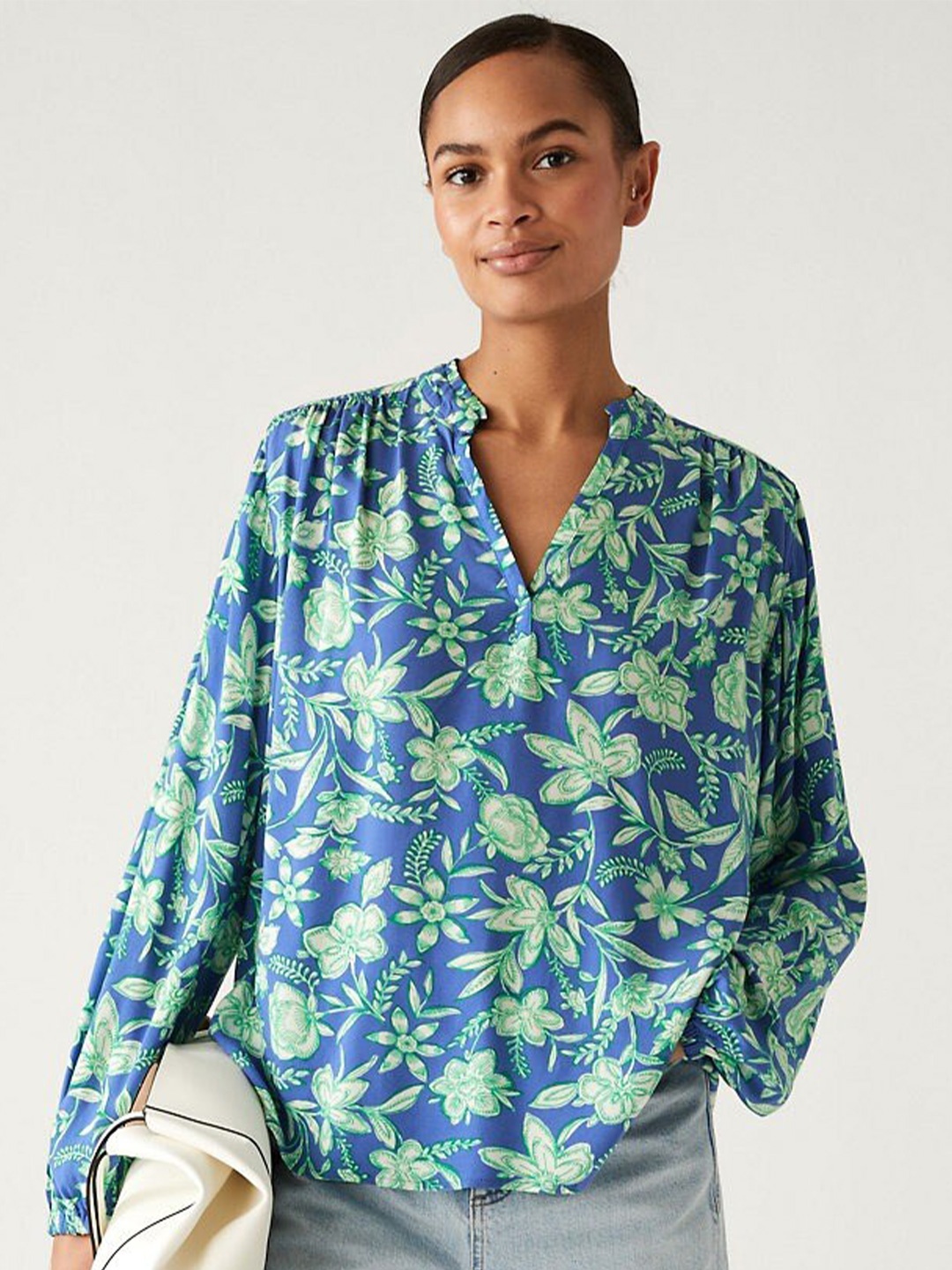 

Marks & Spencer Floral Print Shirt Style Top, Blue