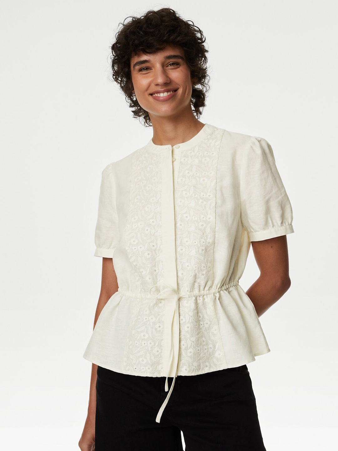 

Marks & Spencer Geometric Print Linen Cinched Waist Top, White