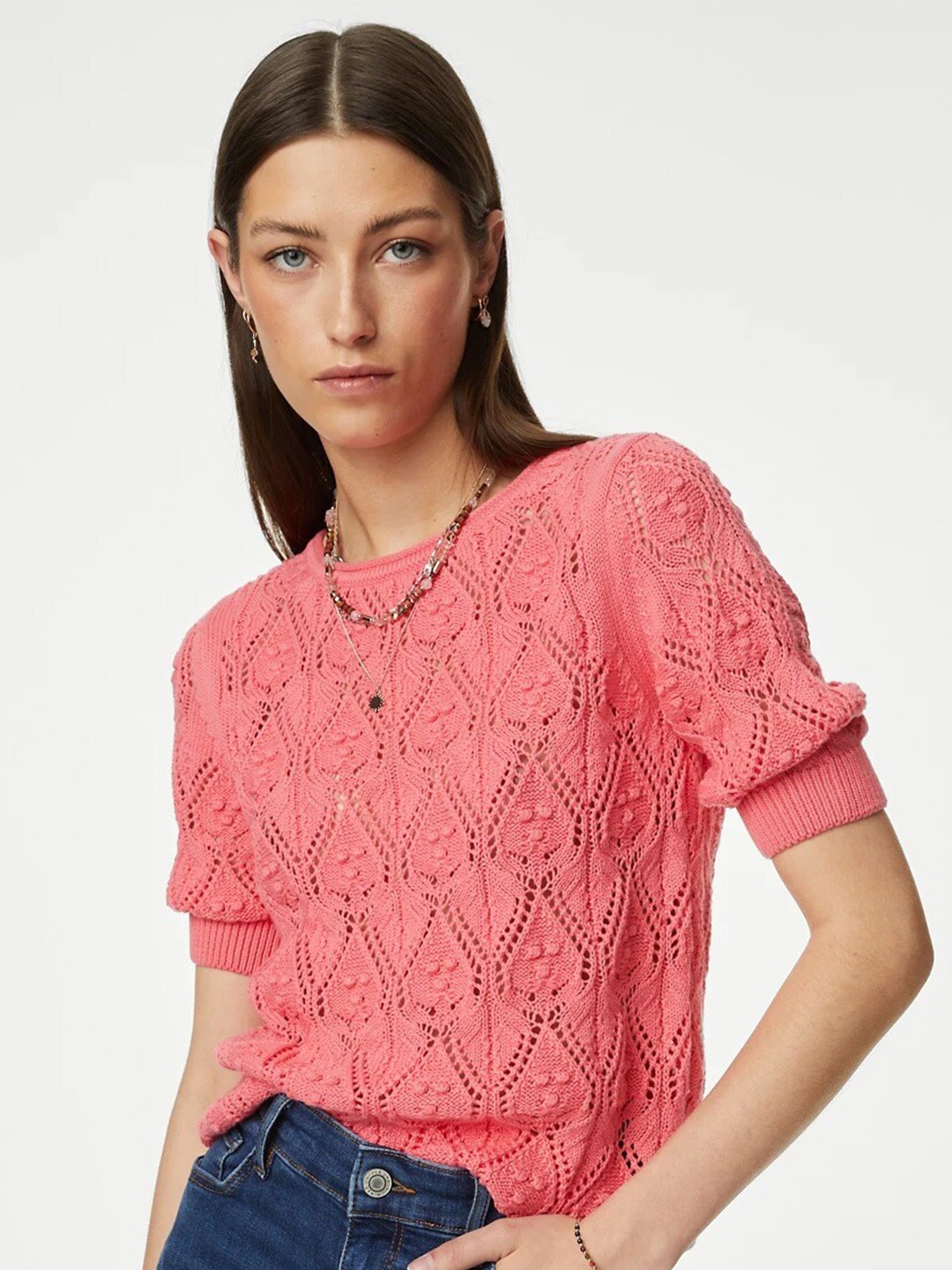 

Marks & Spencer Roll-Up Sleeves Cotton Top, Pink