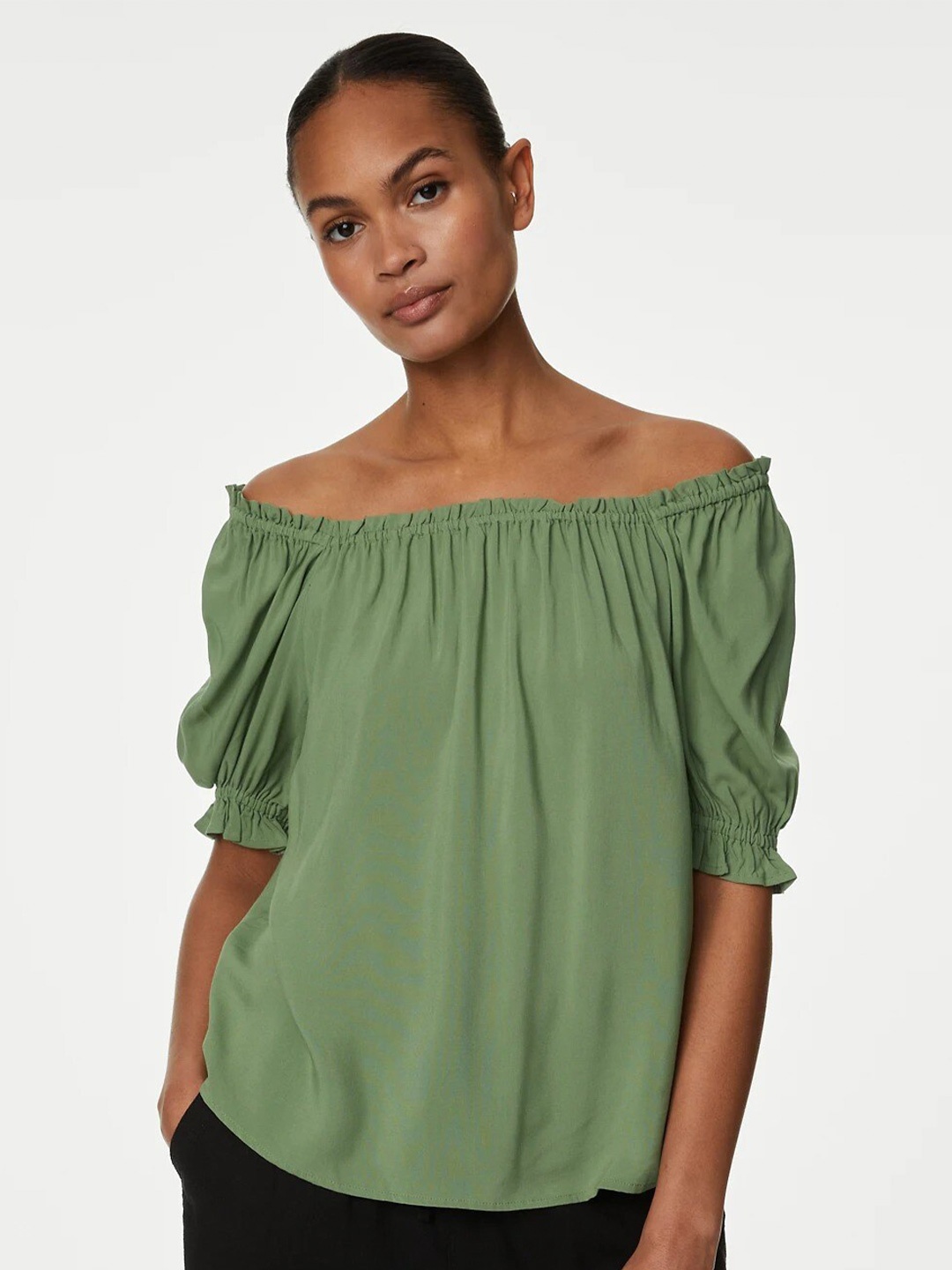 

Marks & Spencer Off-Shoulder Puff Sleeve Bardot Top, Green
