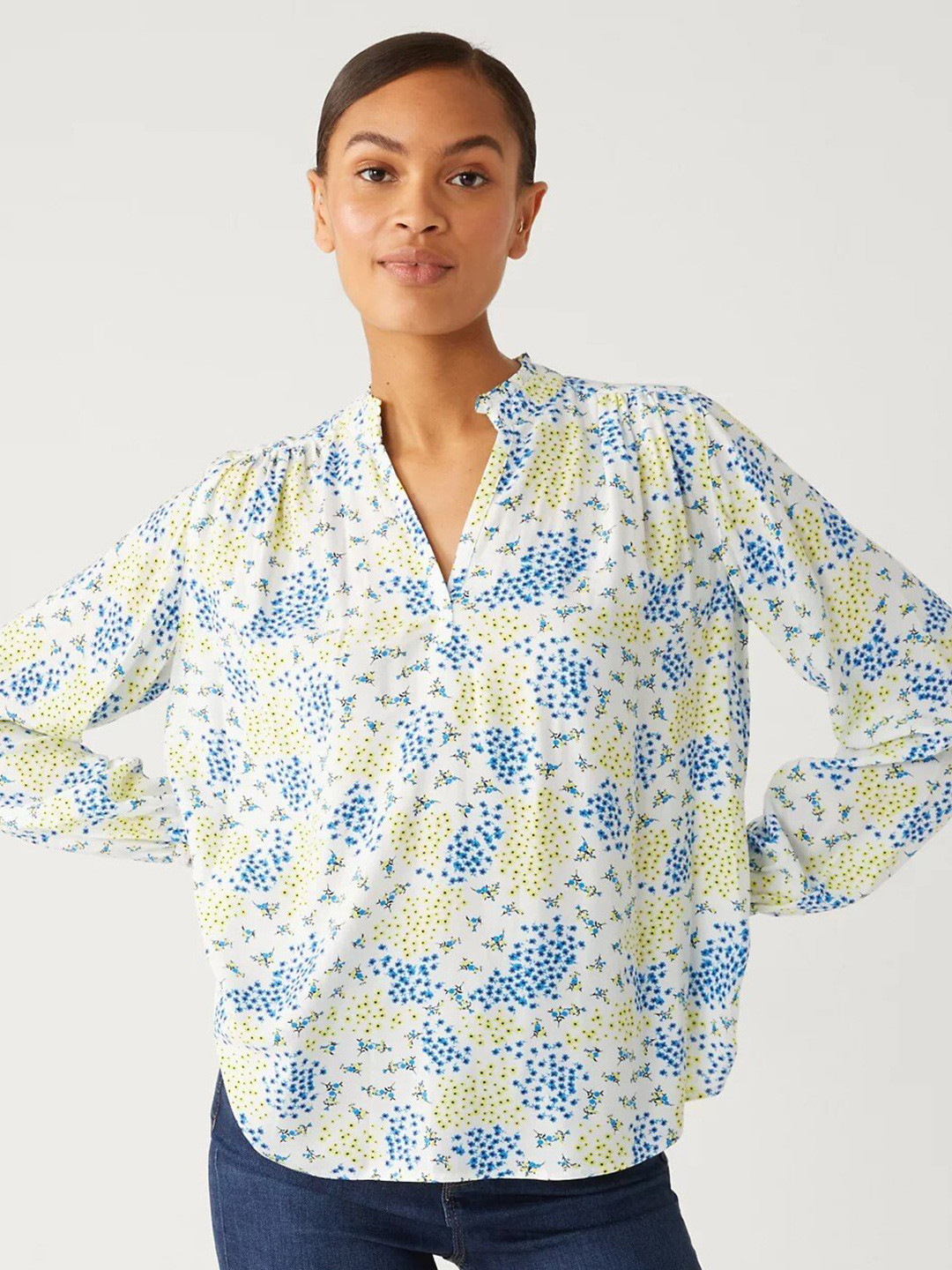

Marks & Spencer Floral Print Manarin Collar Top, White