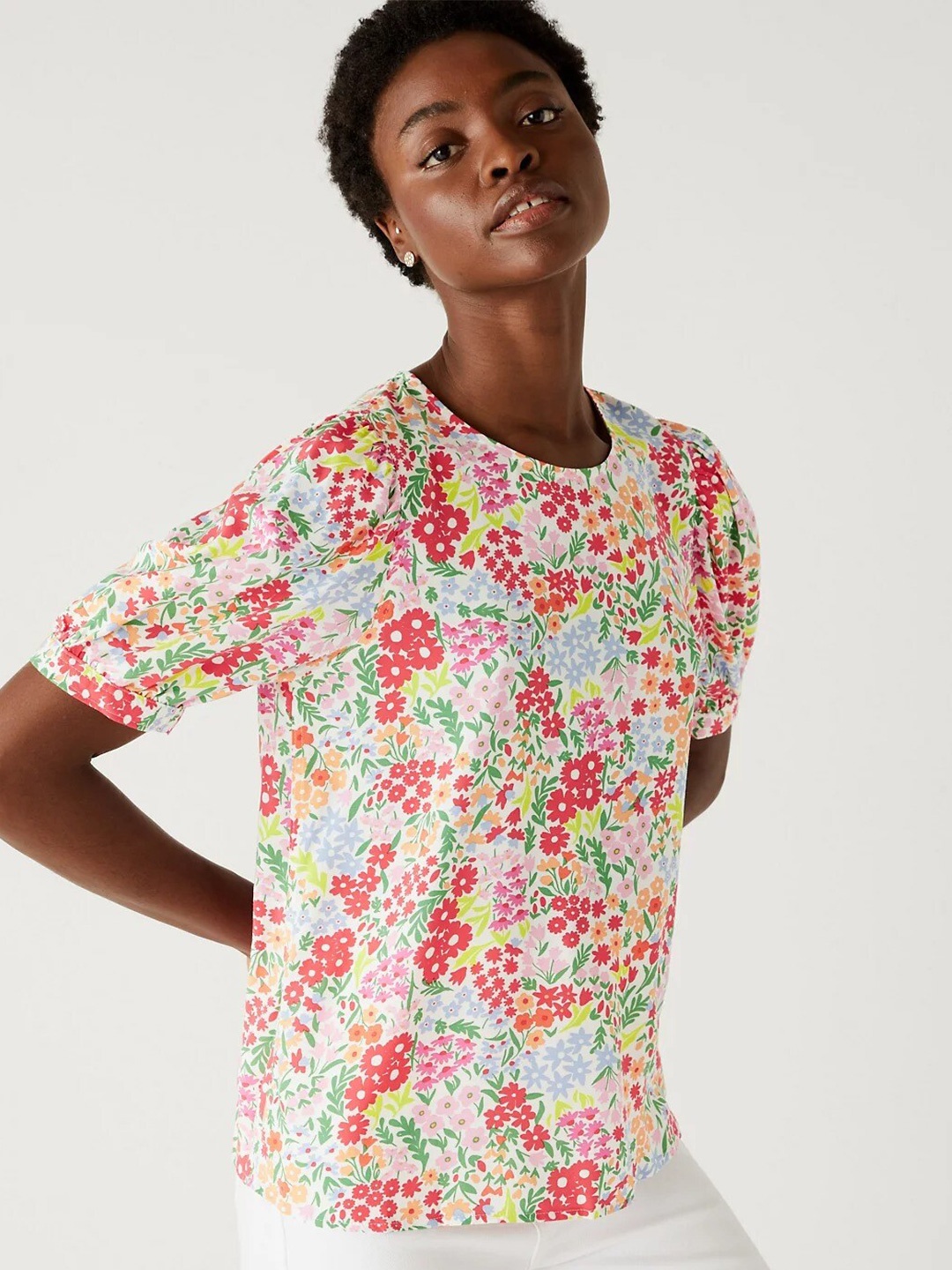 

Marks & Spencer Floral Print Puff Sleeve Top, White