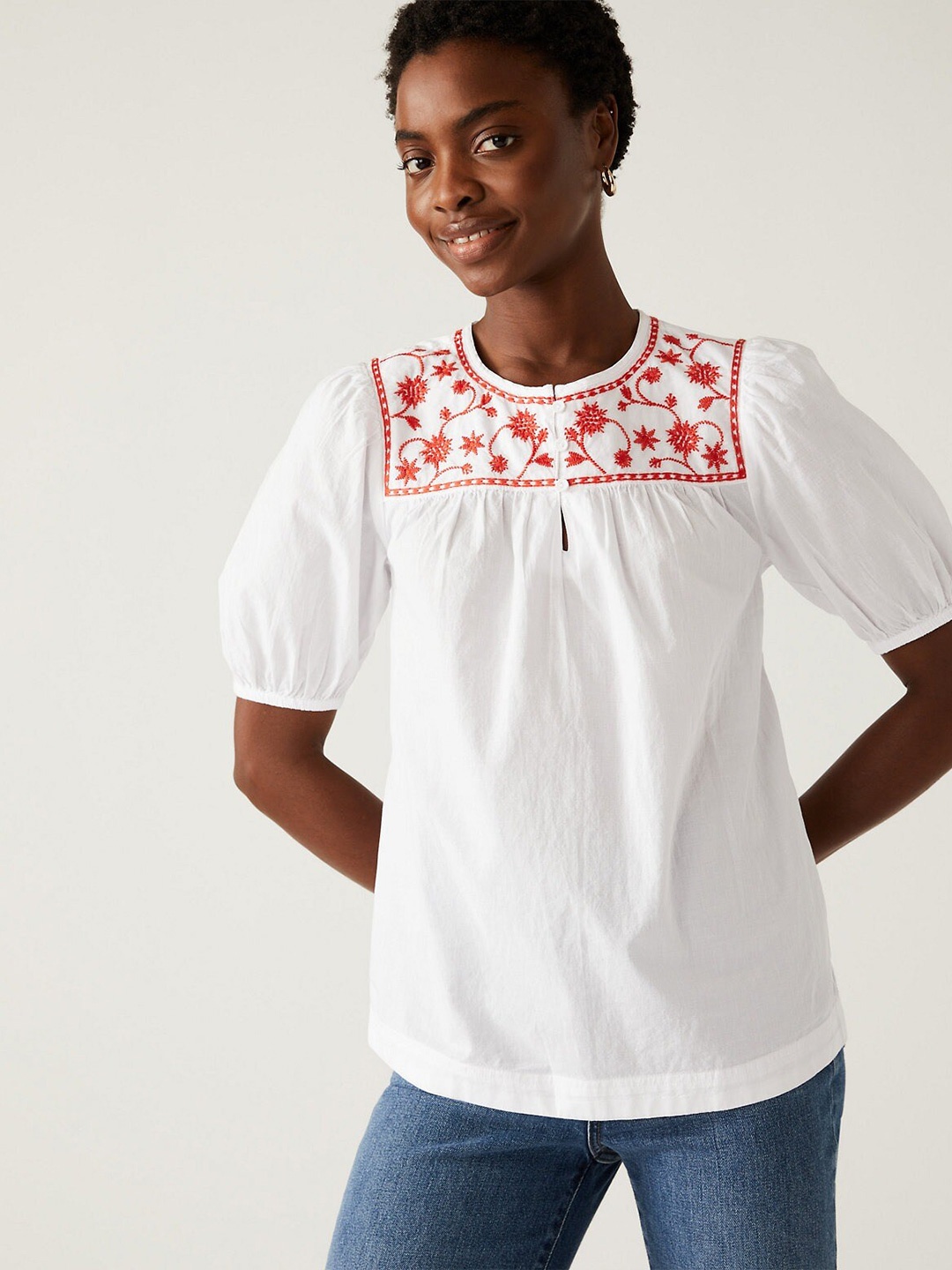 

Marks & Spencer Floral Print Cotton Top, White