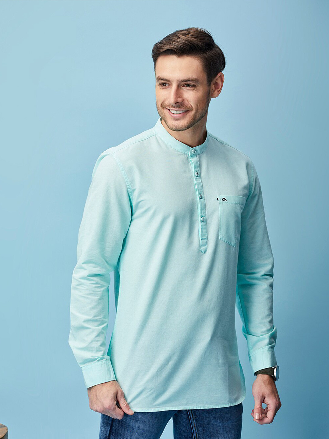 

MOZZO Band Collar Straight Kurta, Blue