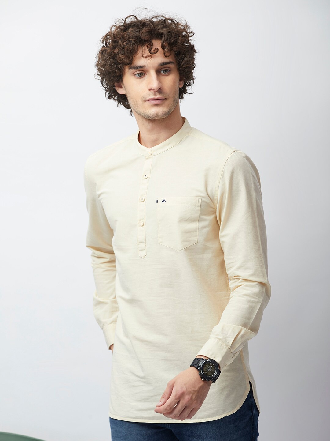 

MOZZO Band Collar Straight Kurta, Beige