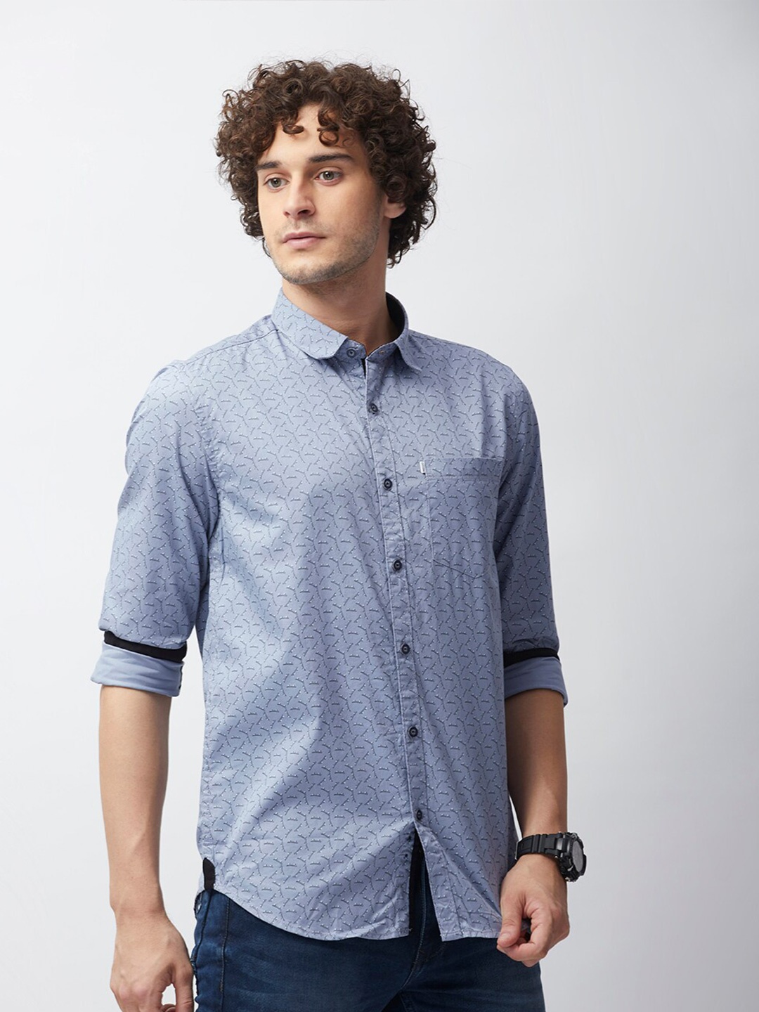 

MOZZO Classic Slim Fit Conversational Printed Cotton Casual Shirt, Grey
