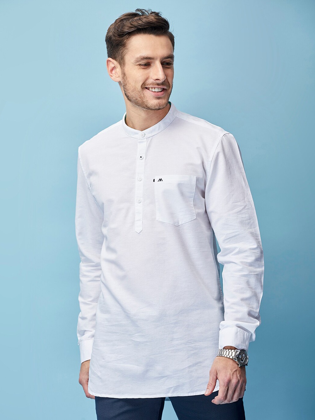 

MOZZO Band Collar Pocket Classic Slim Fit Cotton Casual Shirt, White