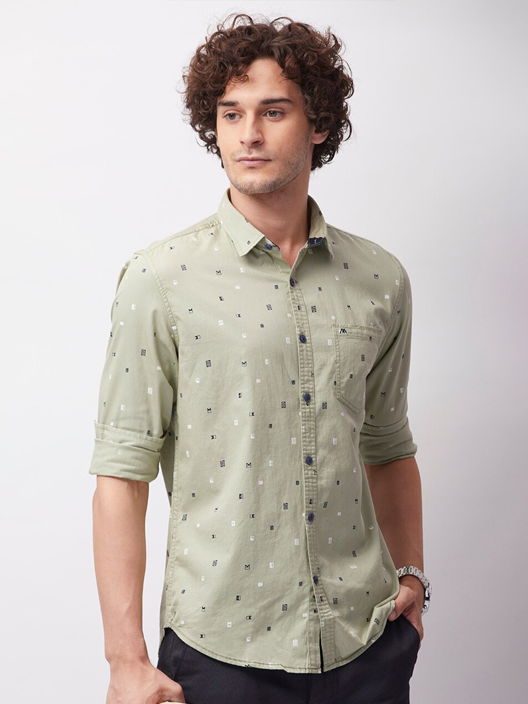 

MOZZO Classic Slim Fit Conversational Printed Cotton Casual Shirt, Green