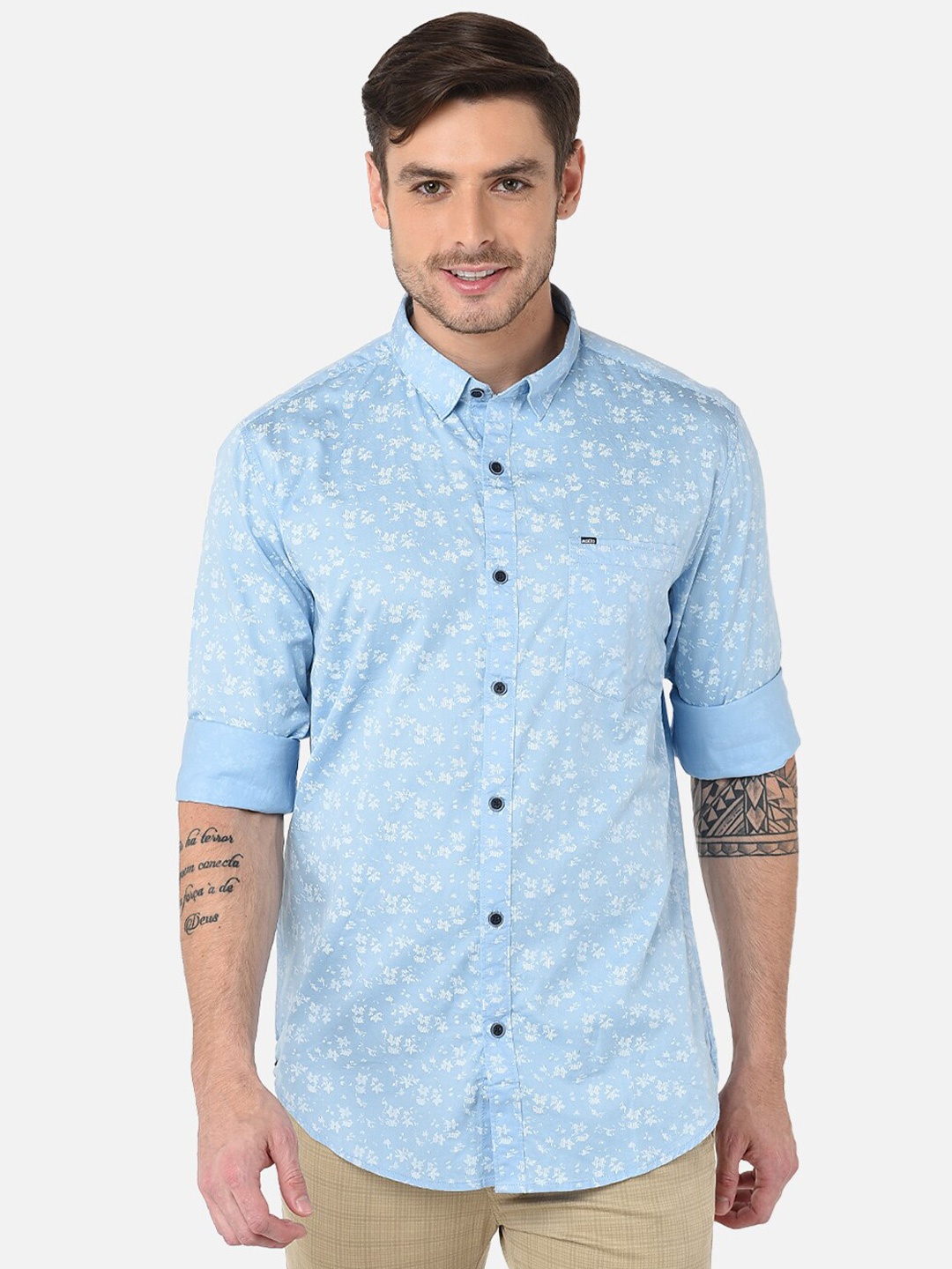 

MOZZO Classic Slim Fit Floral Printed Cotton Casual Shirt, Blue
