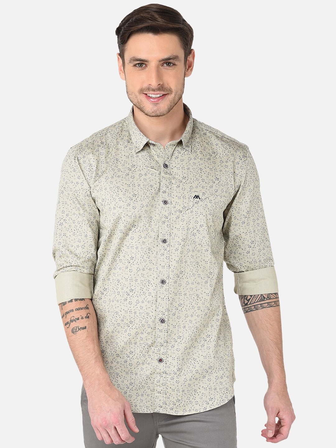 

MOZZO Classic Slim Fit Floral Printed Cotton Casual Shirt, Olive