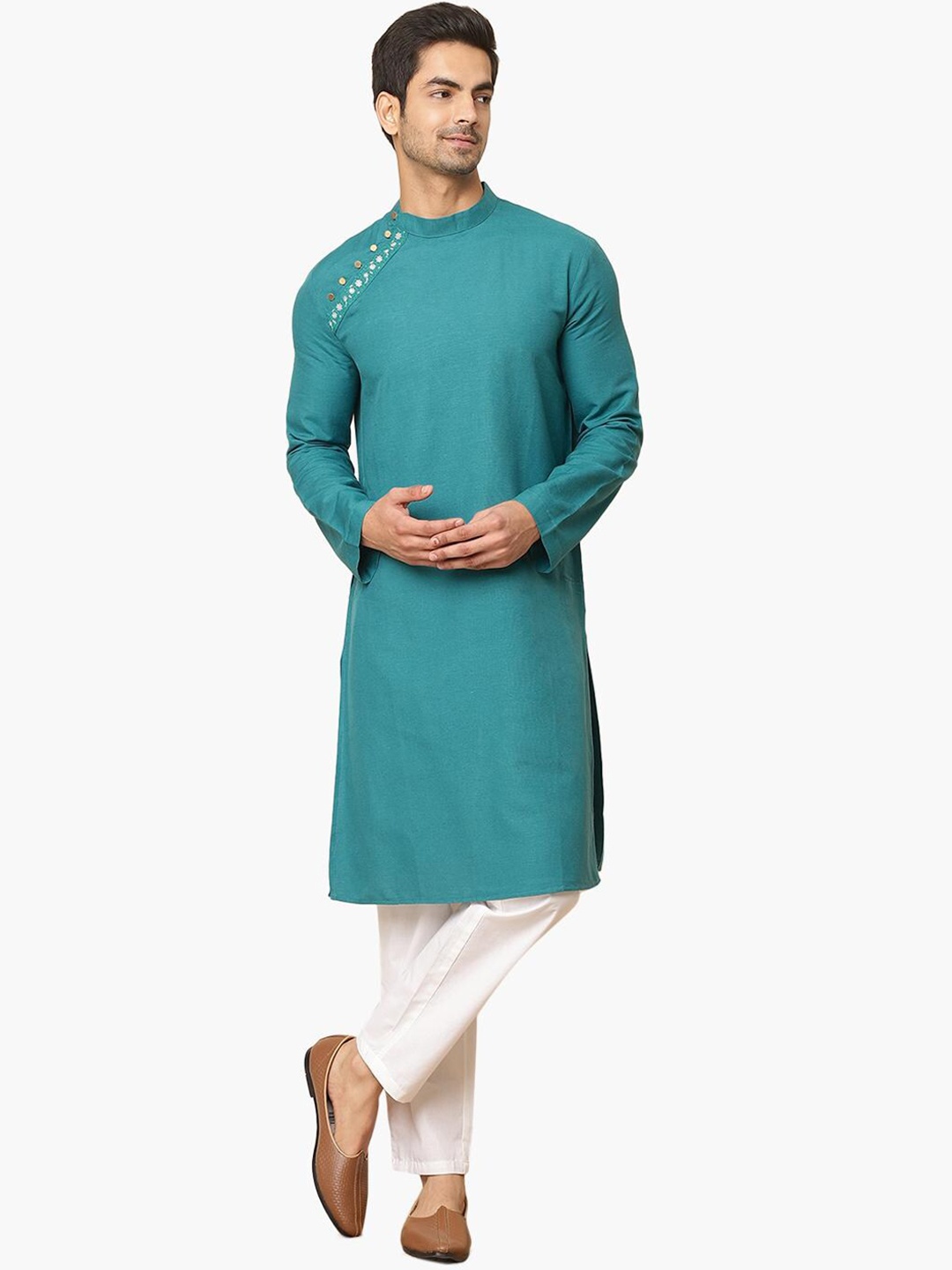 

Virgio Mandarin Collar Thread Work Pure Cotton Straight Kurta, Blue