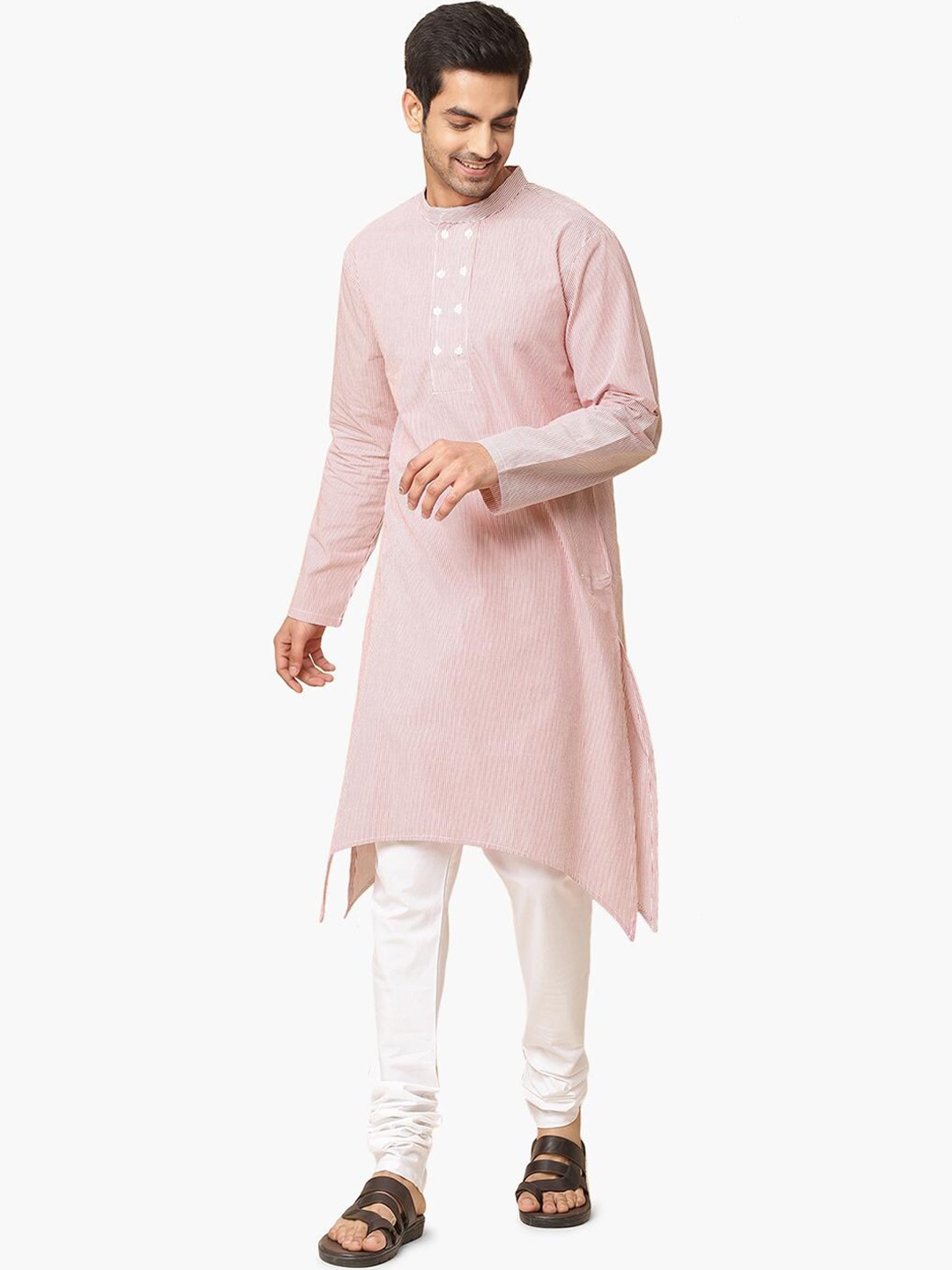 

Virgio Striped Mandarin Collar Pure Cotton Kurta, Pink