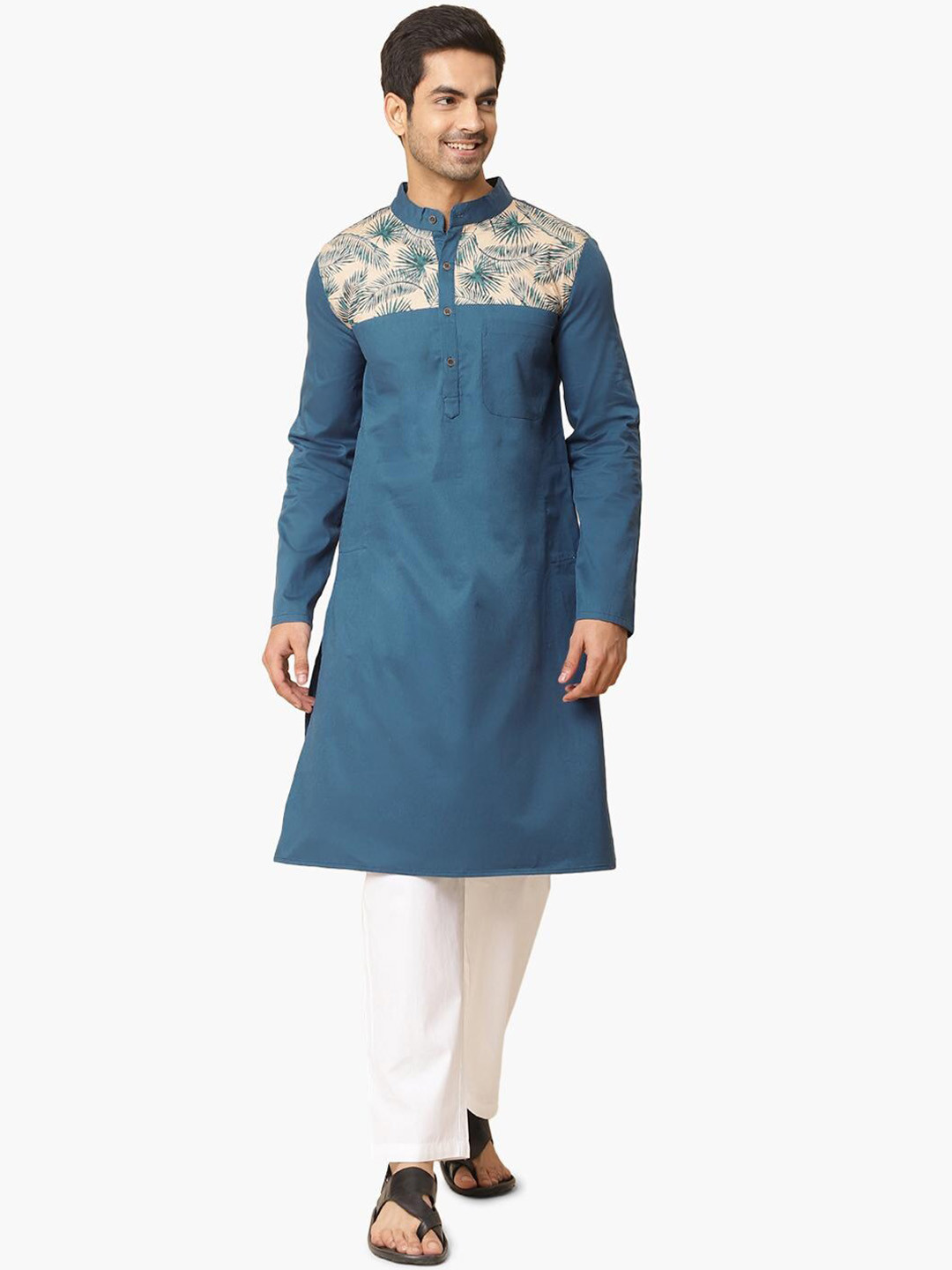 

Virgio Mandarin Collar Pure Cotton Straight Kurta, Blue