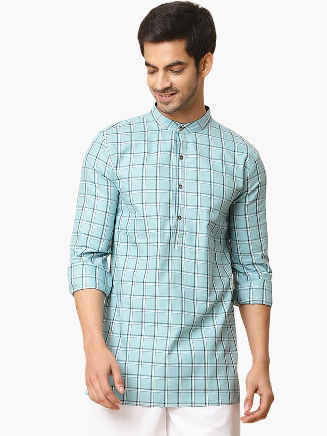 

Virgio Checked Pure Cotton Mandarin Collar Kurta, Blue