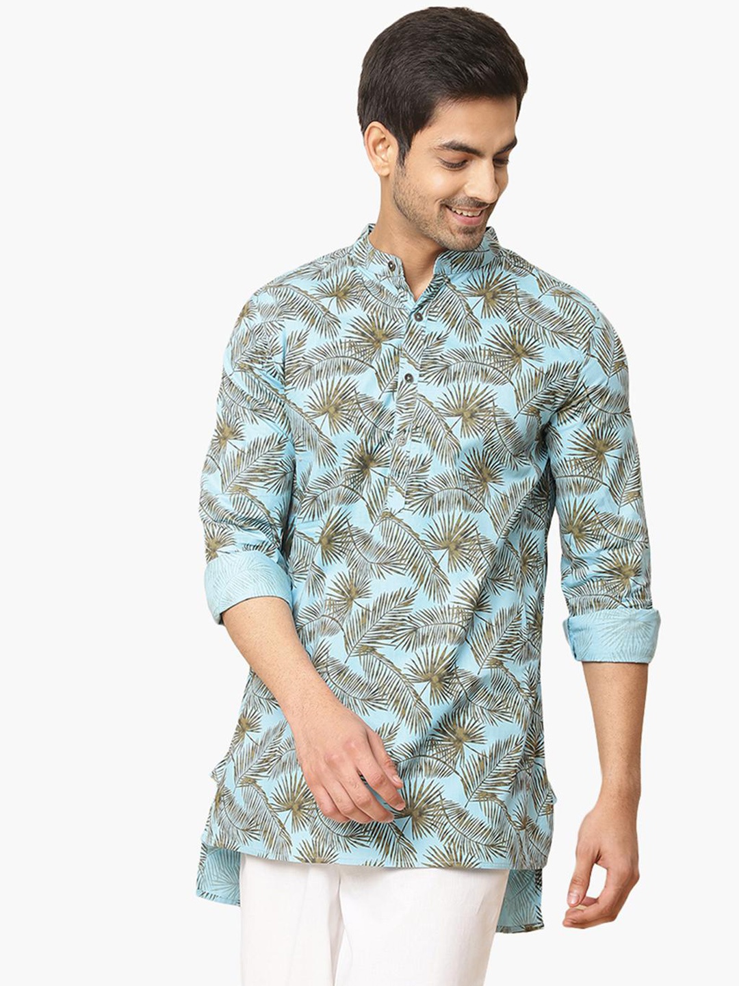 

Virgio Printed Pure Cotton Mandarin Collar Kurta, Blue