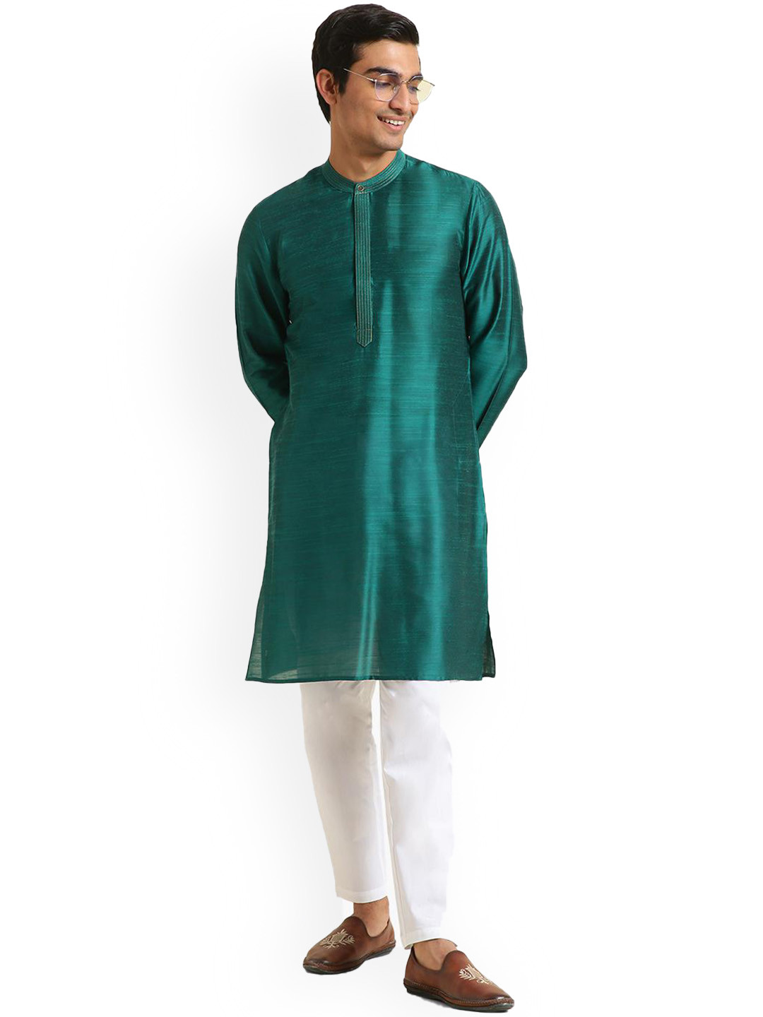 

Virgio Mandarin Collar Cotton Kurta, Green