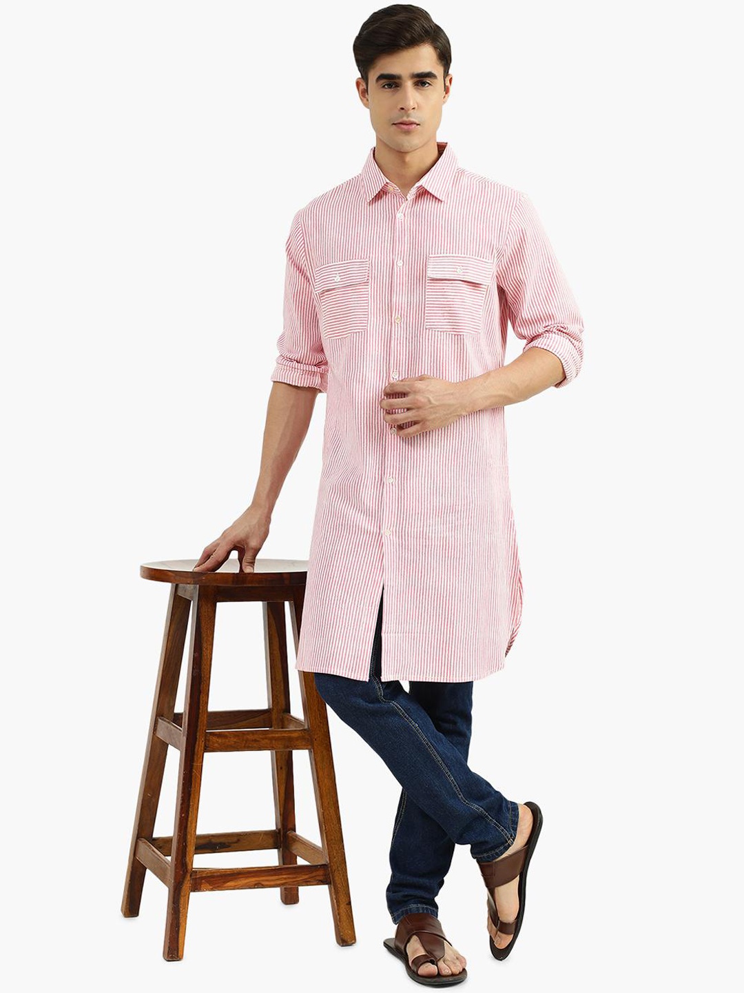 

Virgio Striped Shirt Collar Cotton Kurta, Pink