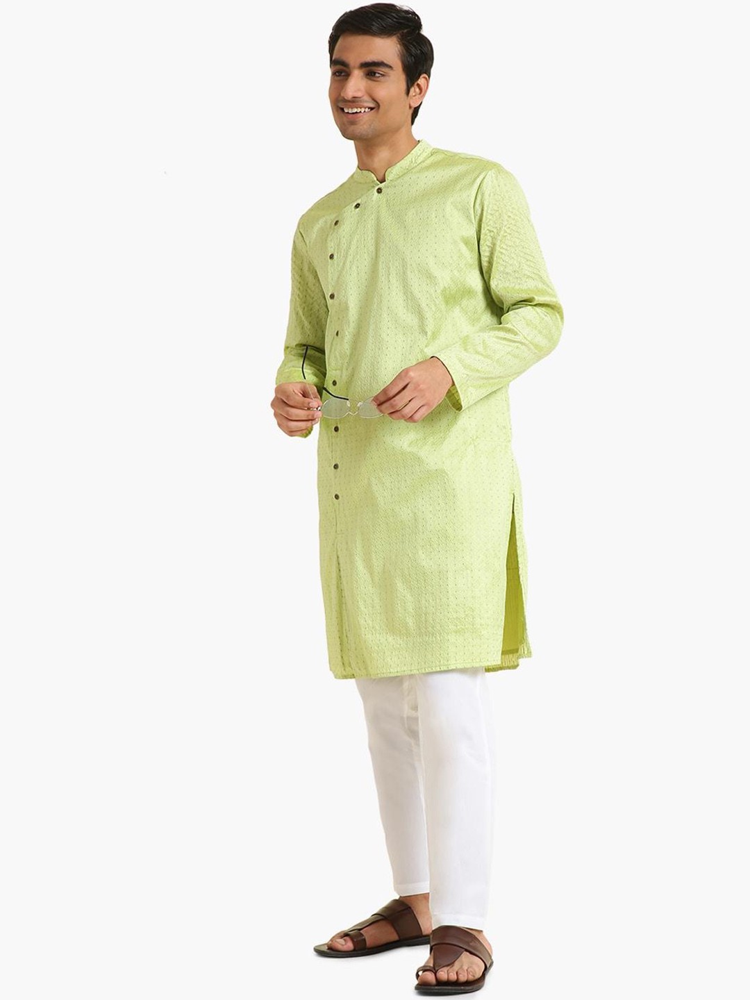 

Virgio Woven Design Mandarin Collar Angrakha Straight Kurta, Green