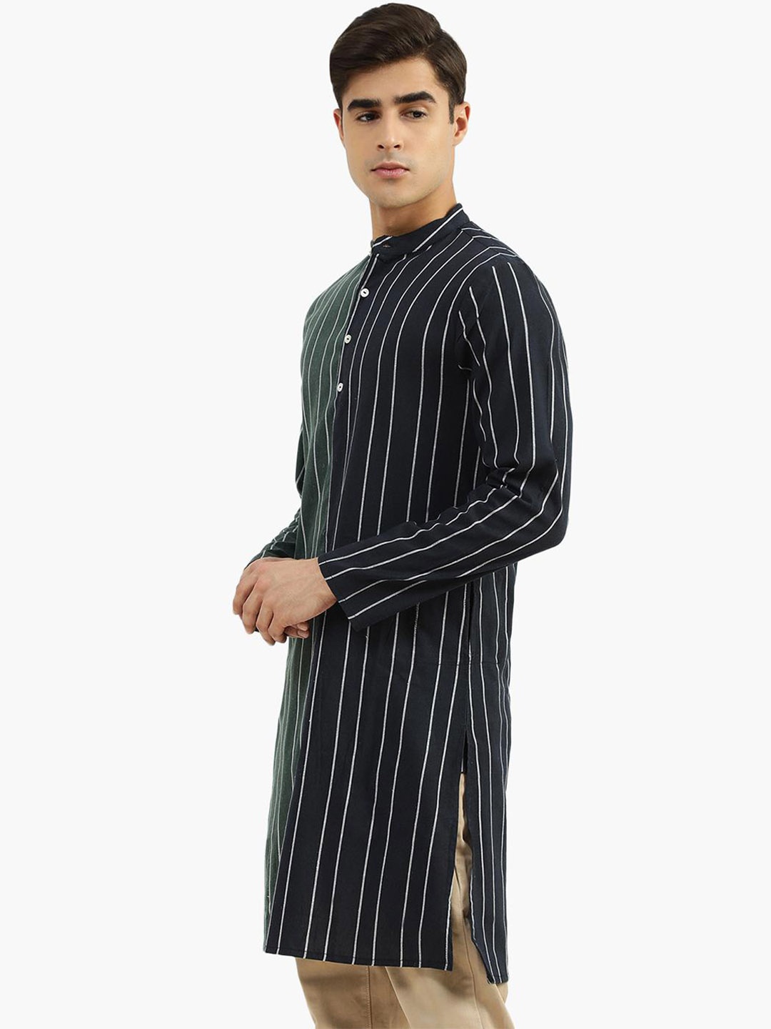 

Virgio Striped Band Collar Cotton Pathani Kurta, Black