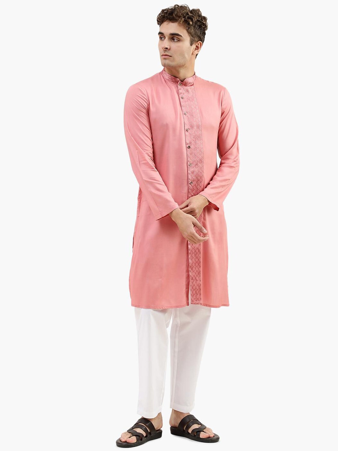 

Virgio Band Collar Cotton Straight Kurta, Peach