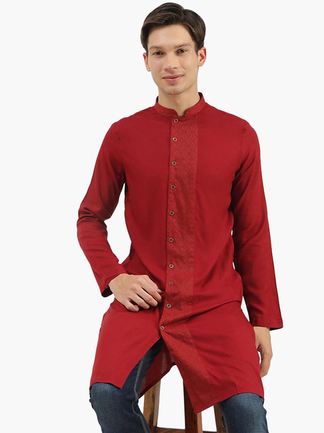 

Virgio Band Collar Cotton Straight Kurta, Red