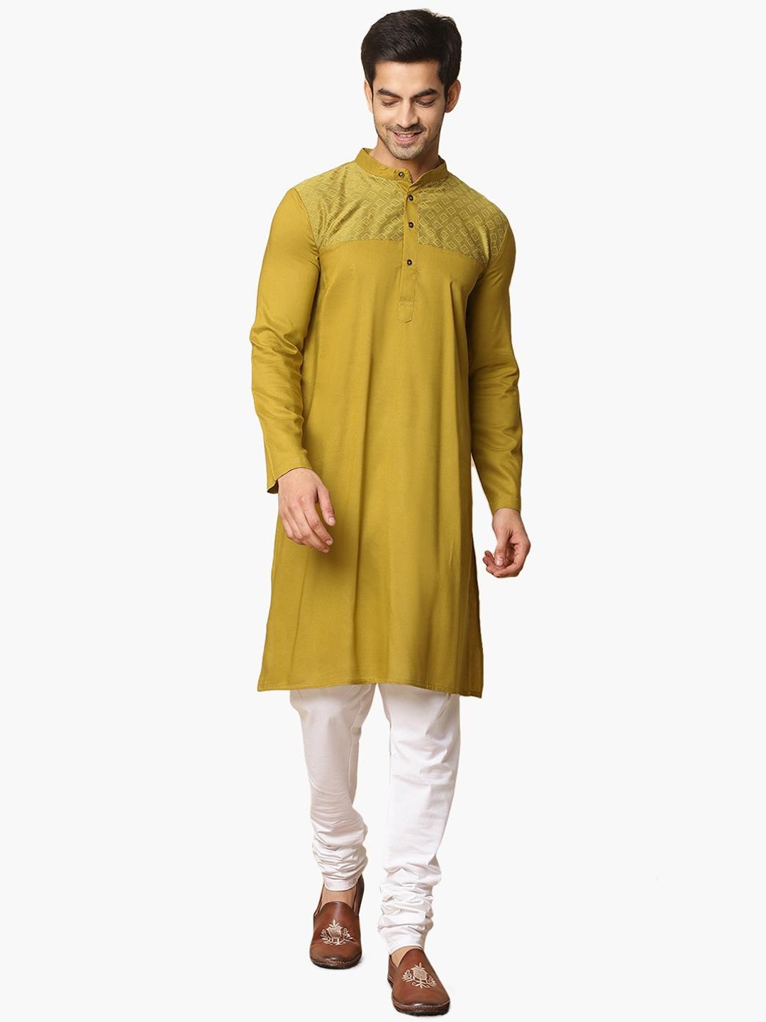 

Virgio Woven Design Band Collar Cotton Straight Kurta, Mustard
