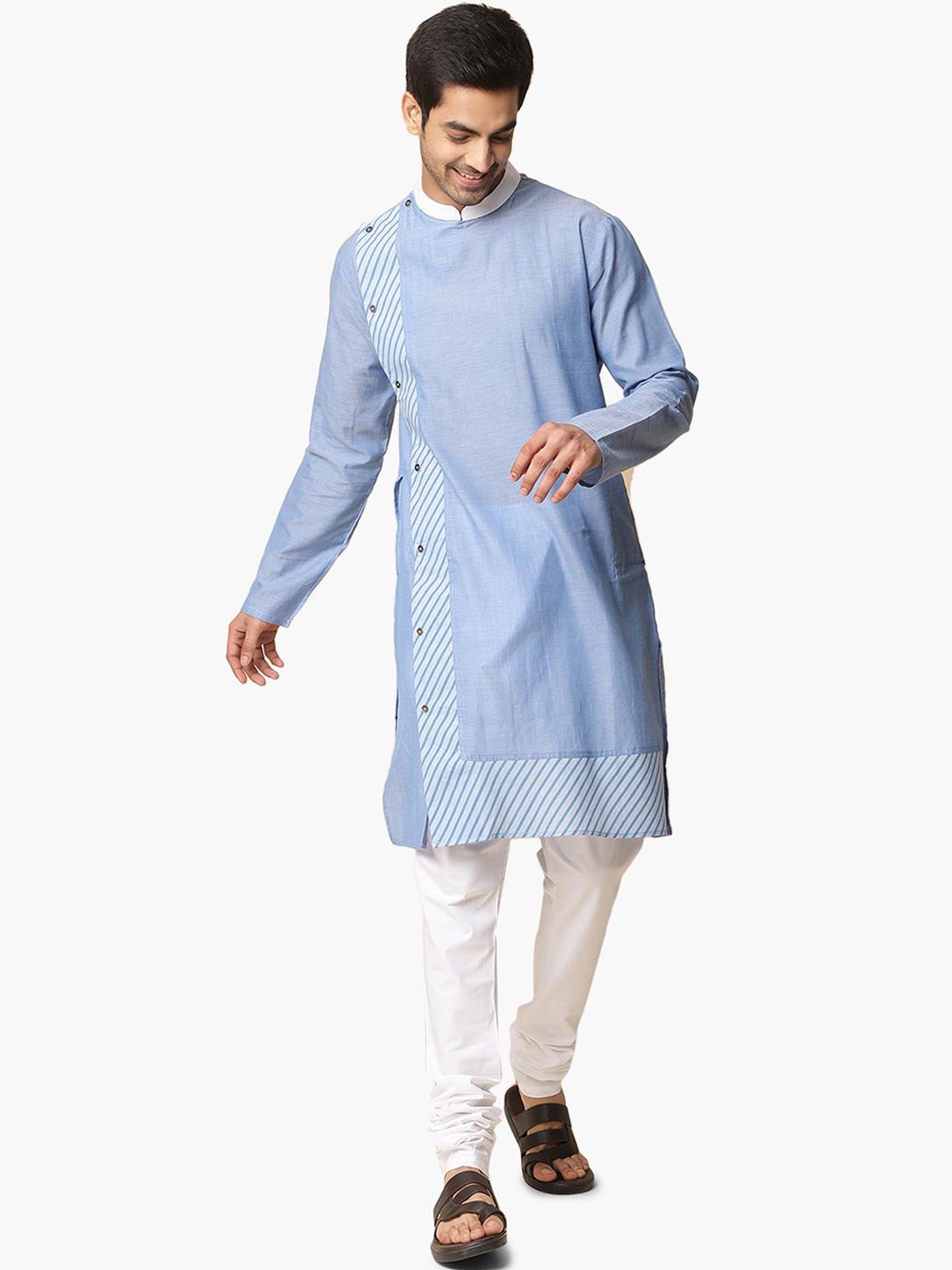 

Virgio Striped Mandarin Collar Cotton Straight Kurta, Blue