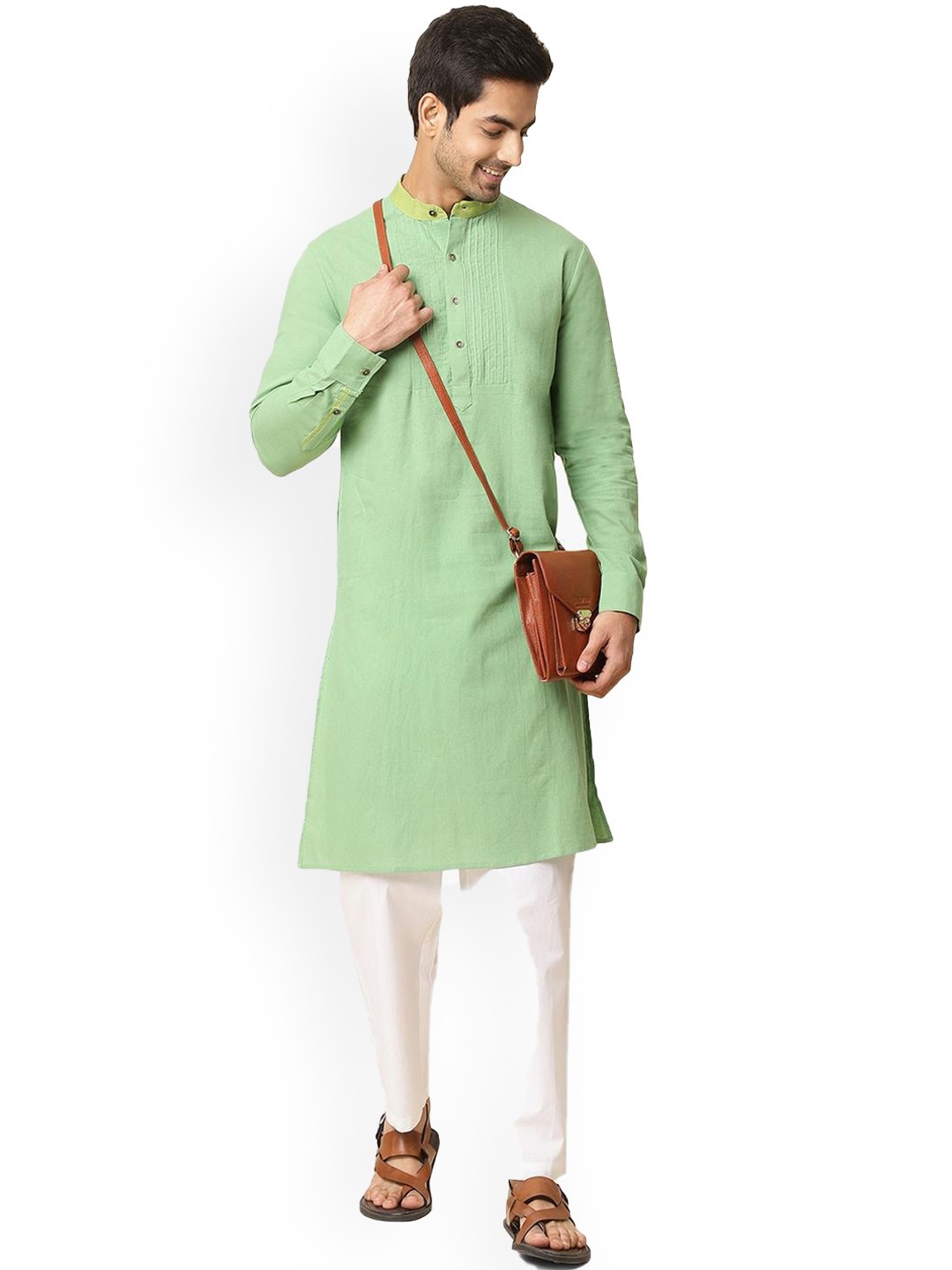 

Virgio Band Collar Cotton Straight Kurta, Green