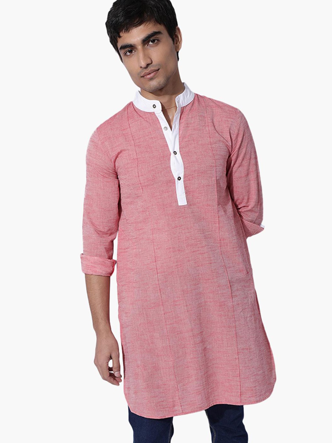 

Virgio Band Collar Cotton Straight Kurta, Coral