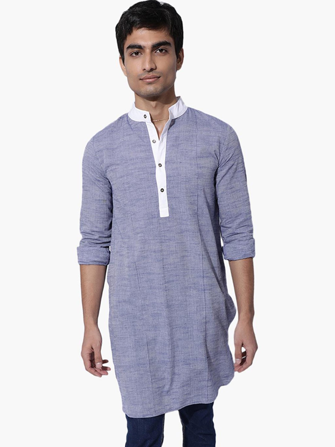

Virgio Band Collar Cotton Straight Kurta, Blue