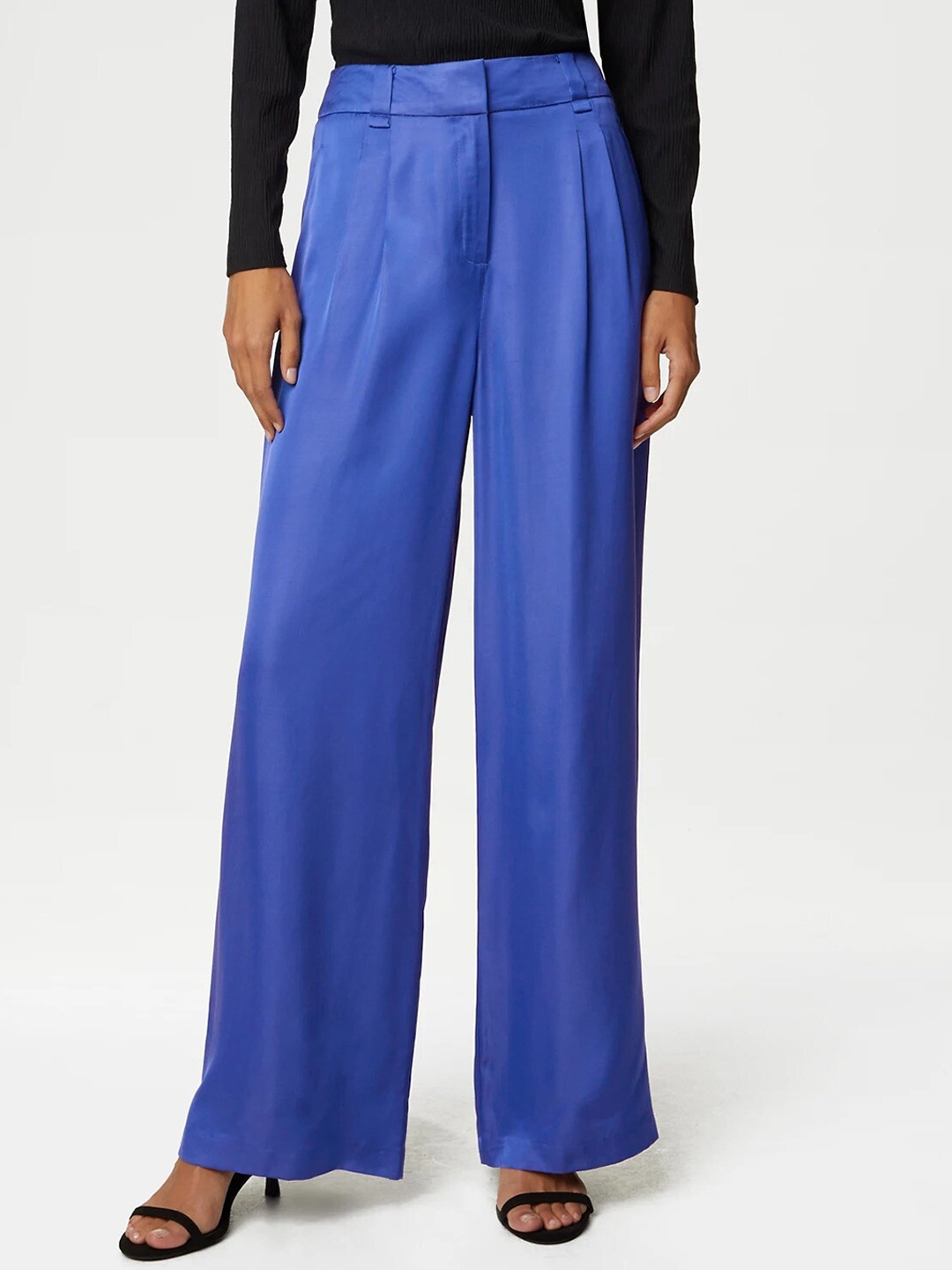 

Marks & Spencer Women Straight Fit High-Rise Pleated Culottes Trousers, Blue