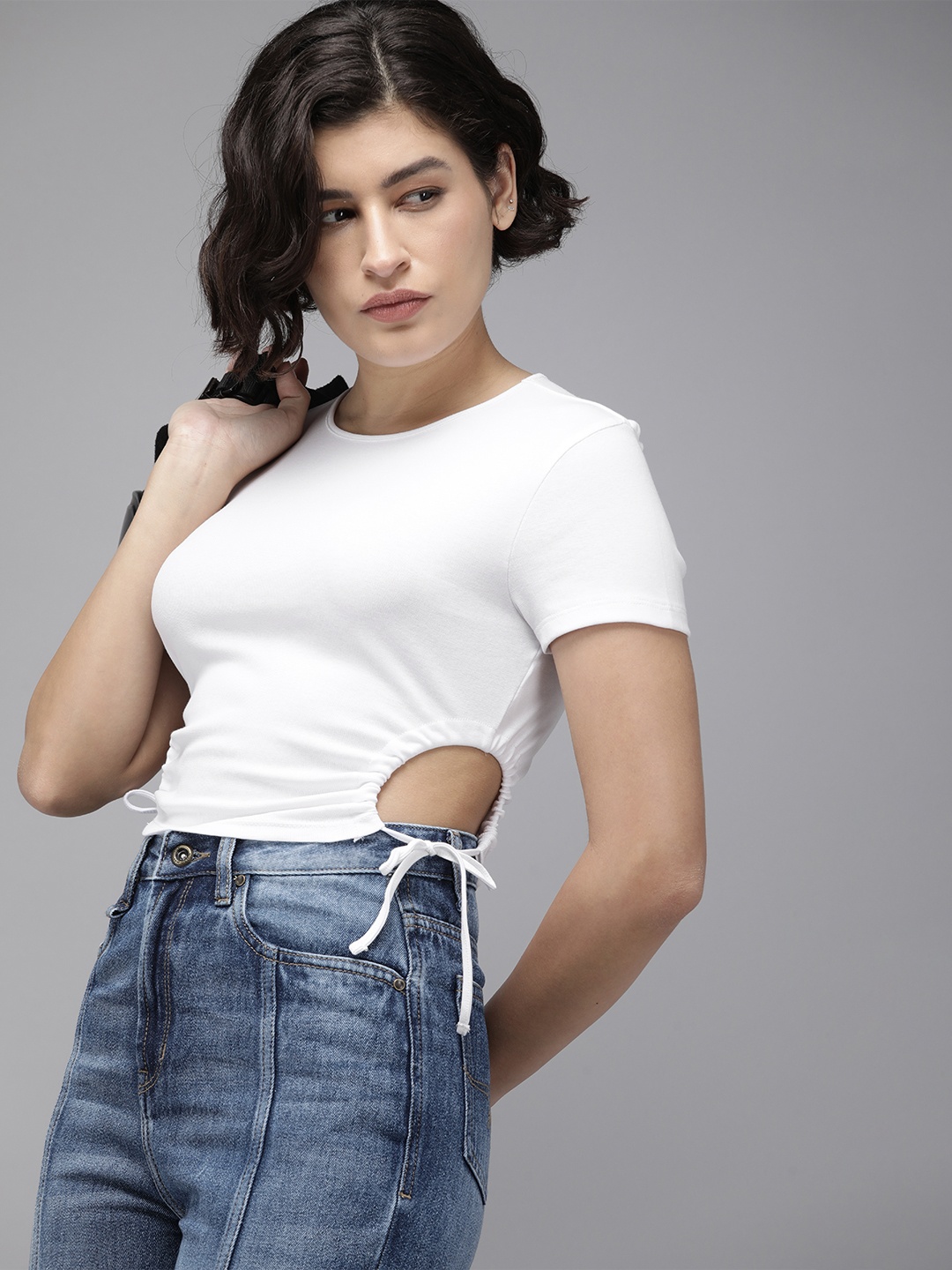 

Roadster Women Cut Outs Slim Fit Crop T-shirt, White