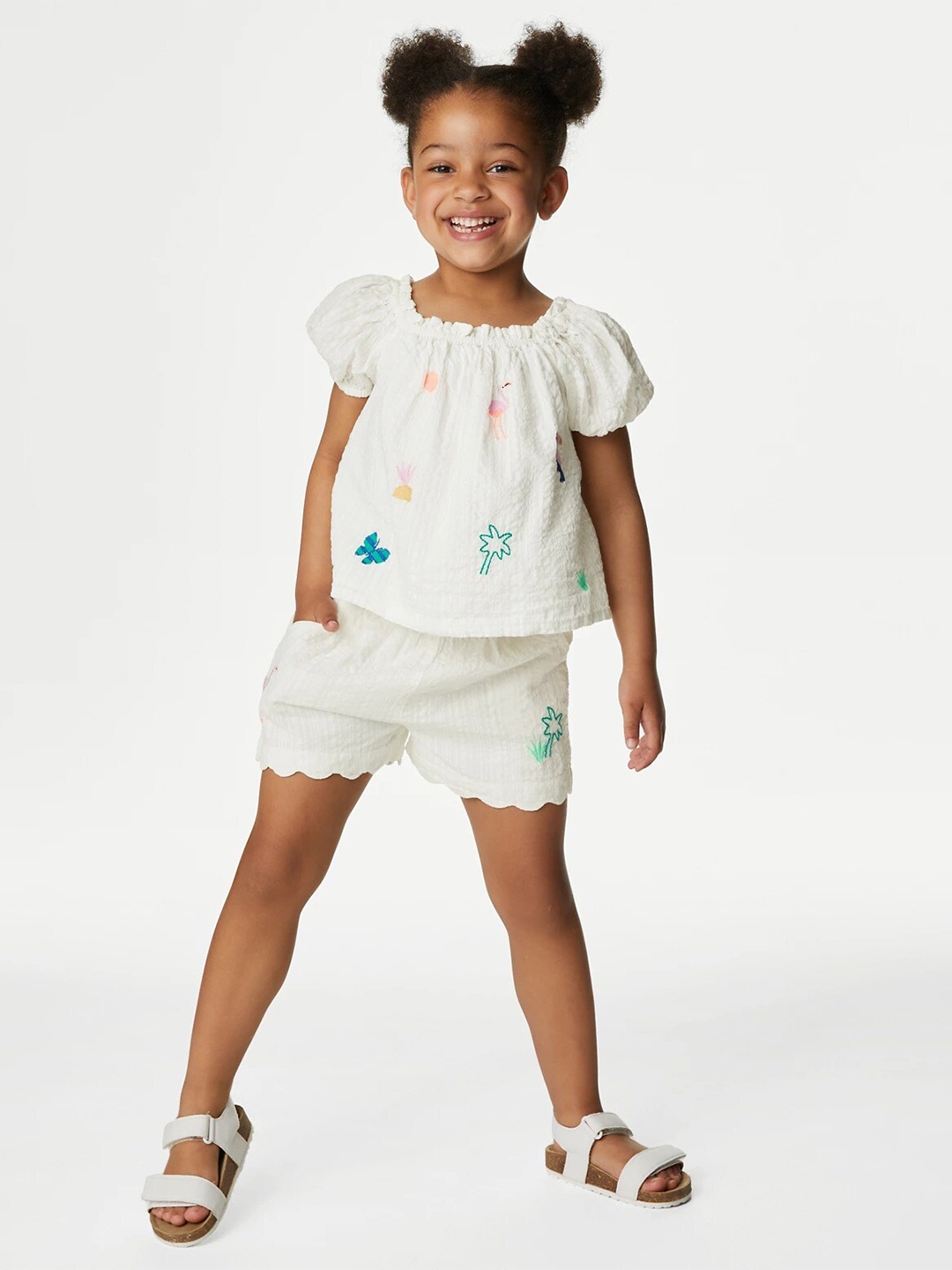 

Marks & Spencer Girls Pure Cotton Printed Top with Shorts, White