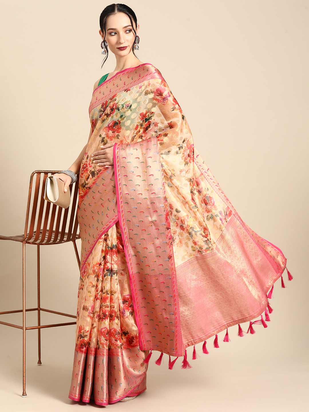 

Silk Land Floral Printed Zari Banarasi Saree, Multi