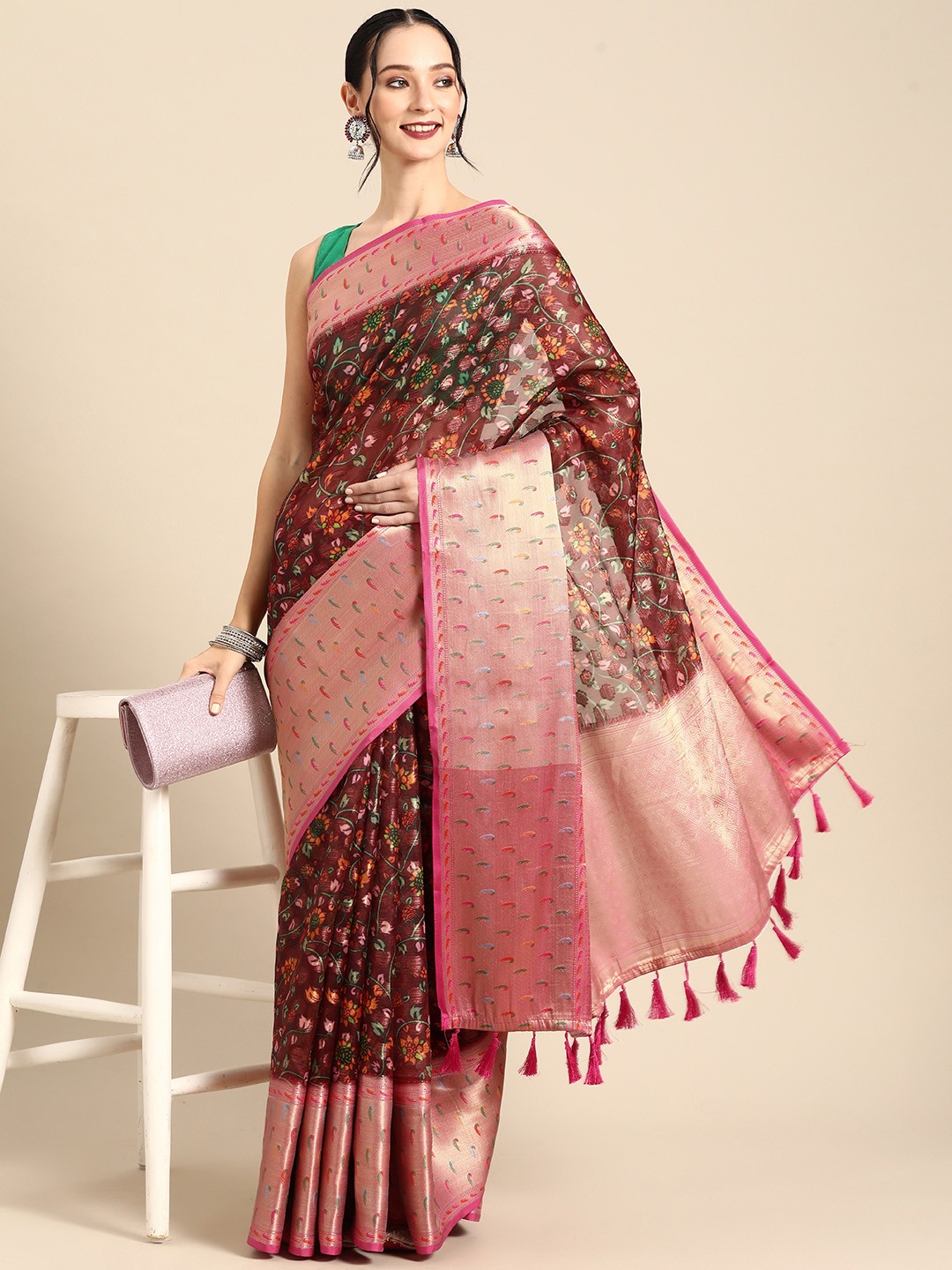 

Silk Land Floral Printed Zari Banarasi Saree, Multi