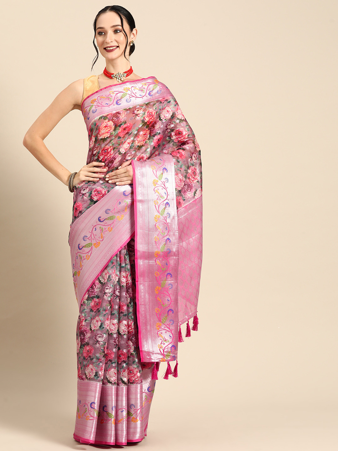 

Silk Land Floral Printed Zari Banarasi Saree, Multi