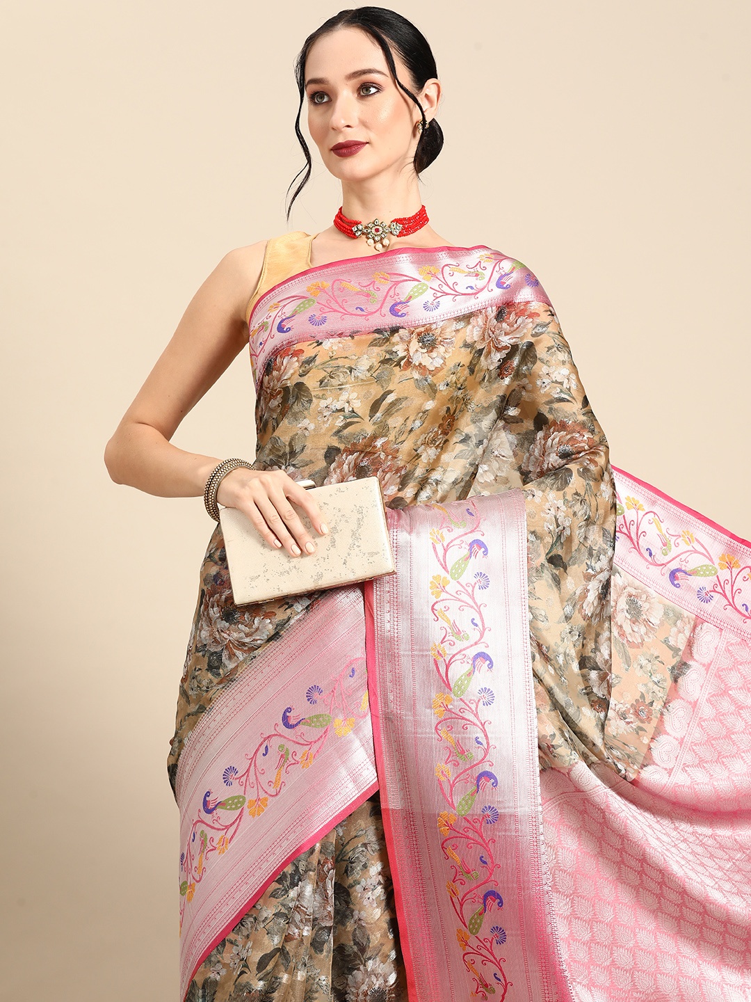 

Silk Land Floral Printed Zari Banarasi Saree, Multi