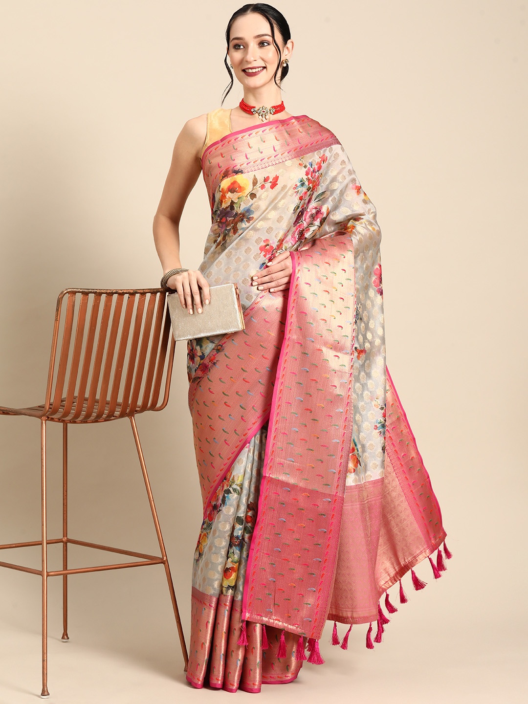 

Silk Land Floral Printed Zari Banarasi Saree, Multi