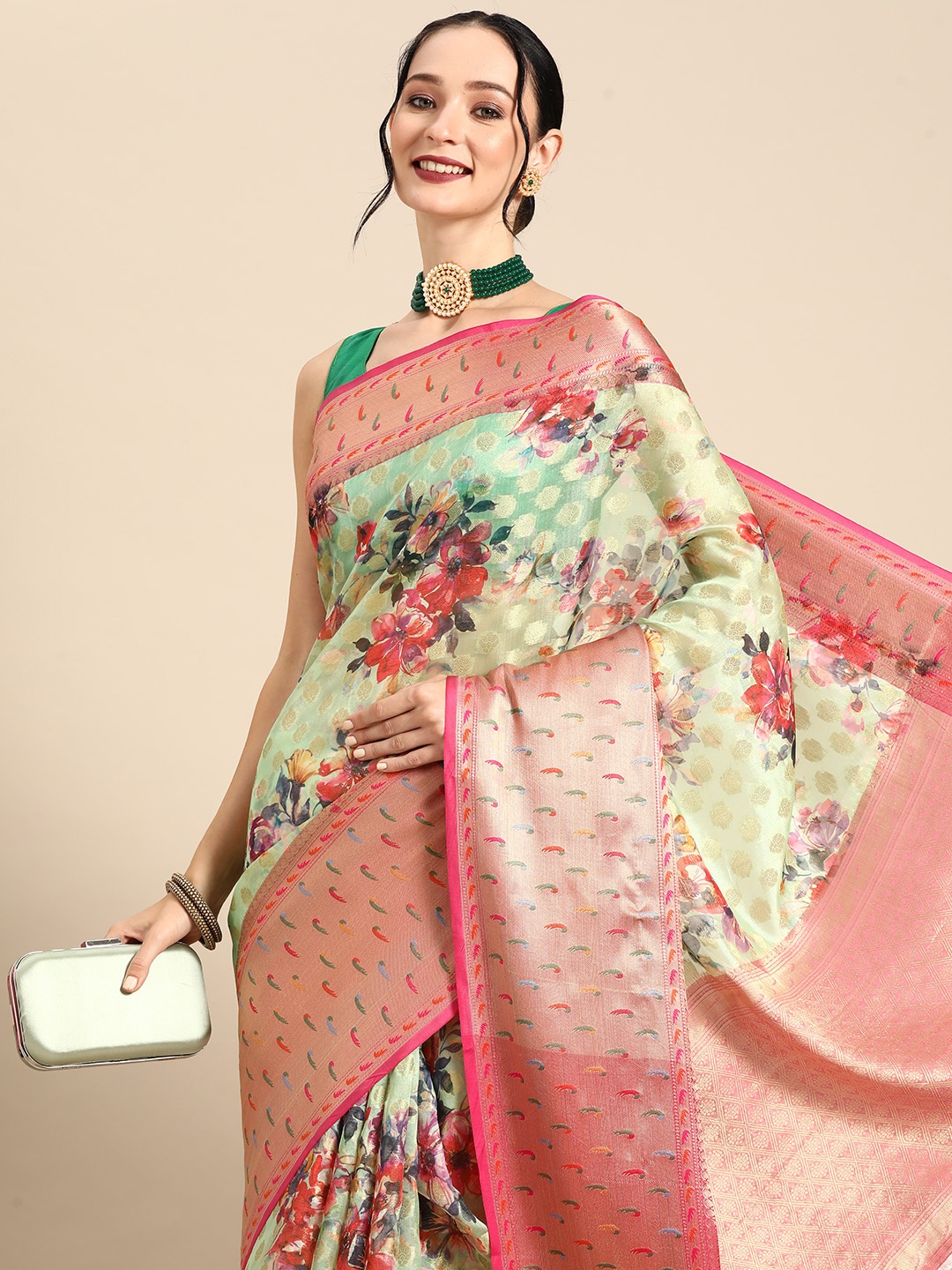 

Silk Land Floral Printed Zari Banarasi Saree, Multi