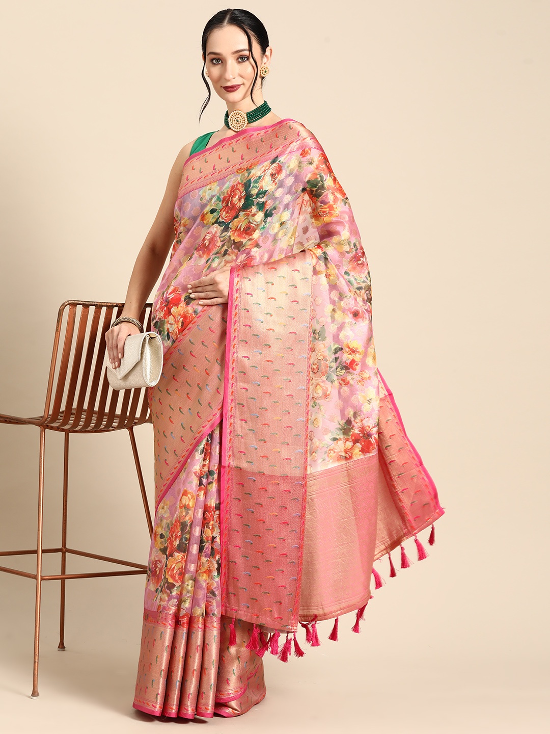 

Silk Land Floral Printed Zari Banarasi Saree, Multi