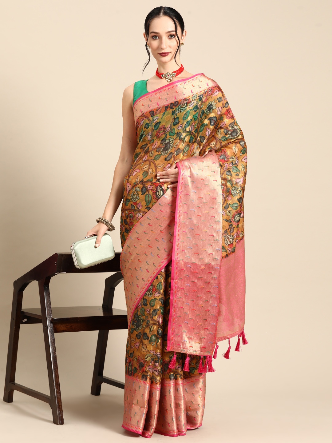 

Silk Land Floral Printed Zari Banarasi Saree, Multi