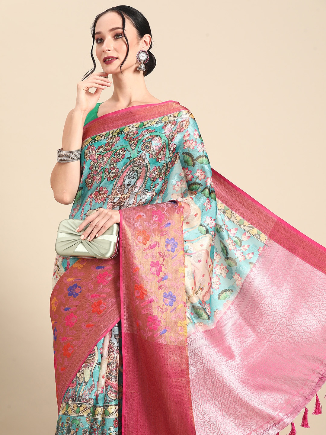 

Silk Land Floral Printed Zari Banarasi Saree, Multi