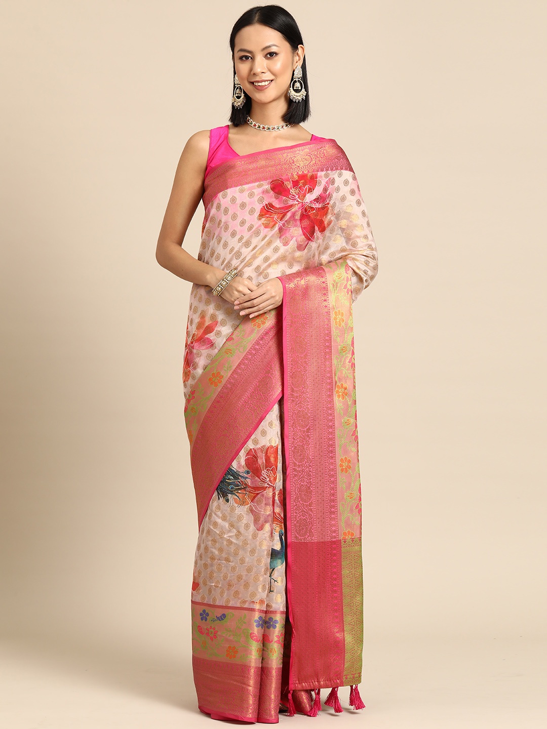 

Silk Land Floral Kanjeevaram Art Silk Digital Print Saree, Pink