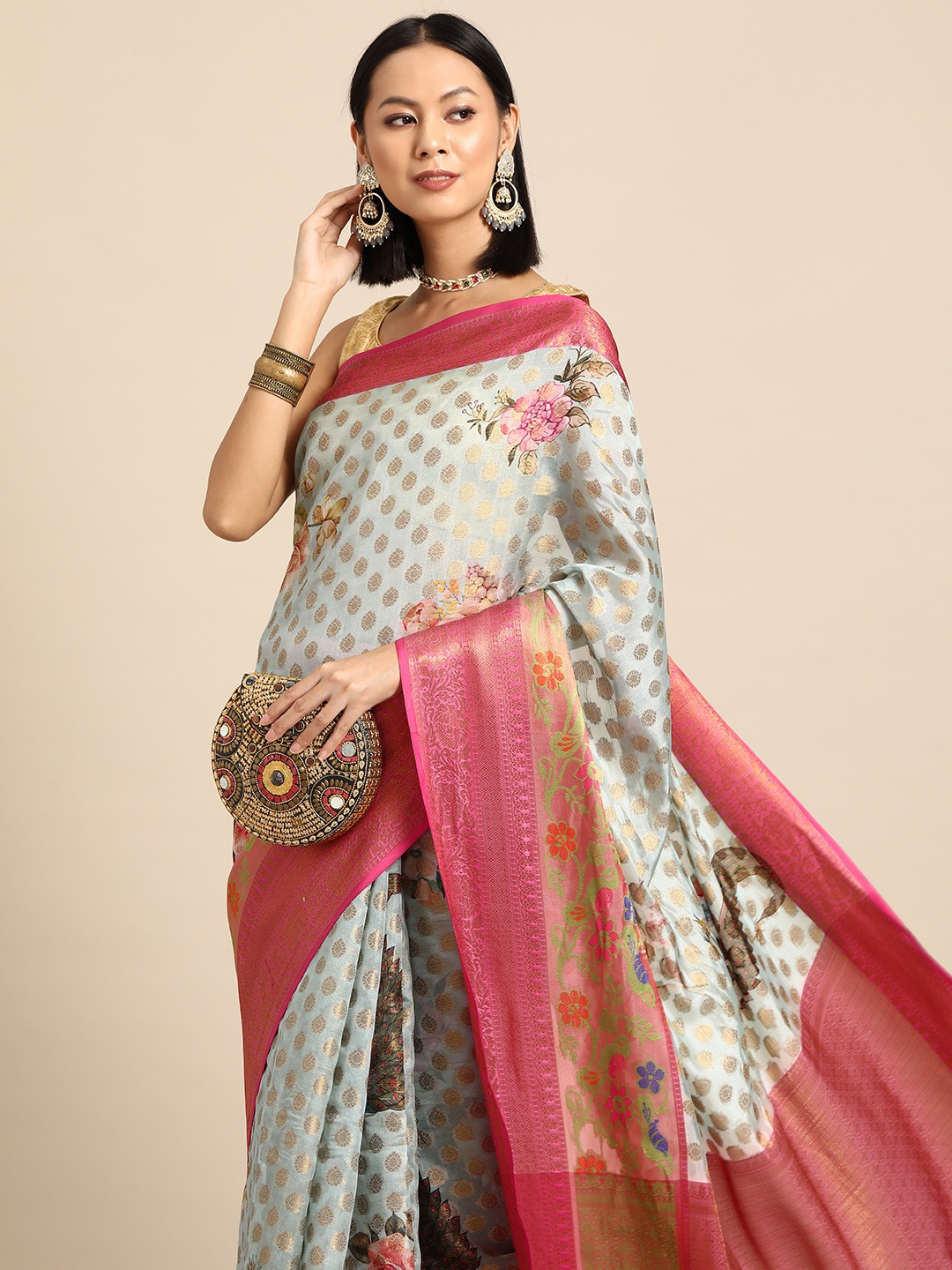 

Silk Land Floral Kanjeevaram Art Silk Digital Print Saree, Multi