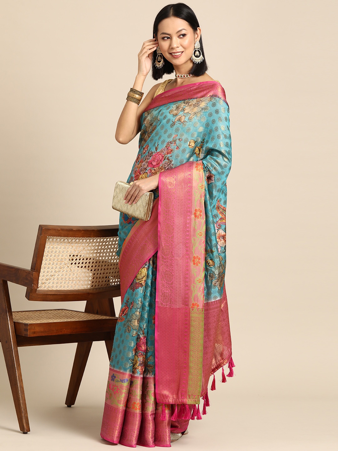 

Silk Land Floral Zari Kanjeevaram Saree, Multi