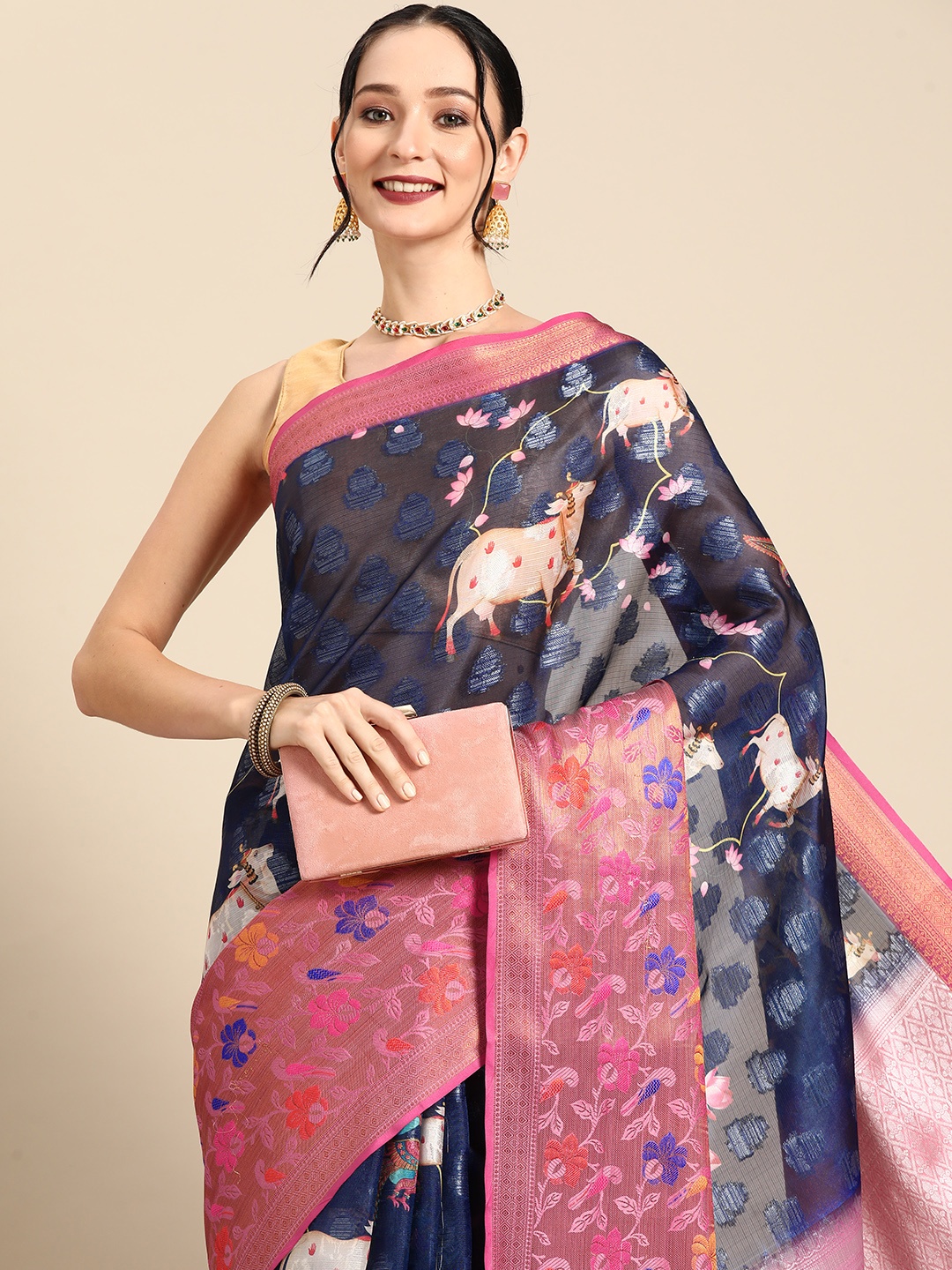 

Silk Land Floral Zari Art Silk Kanjeevaram Saree, Navy blue