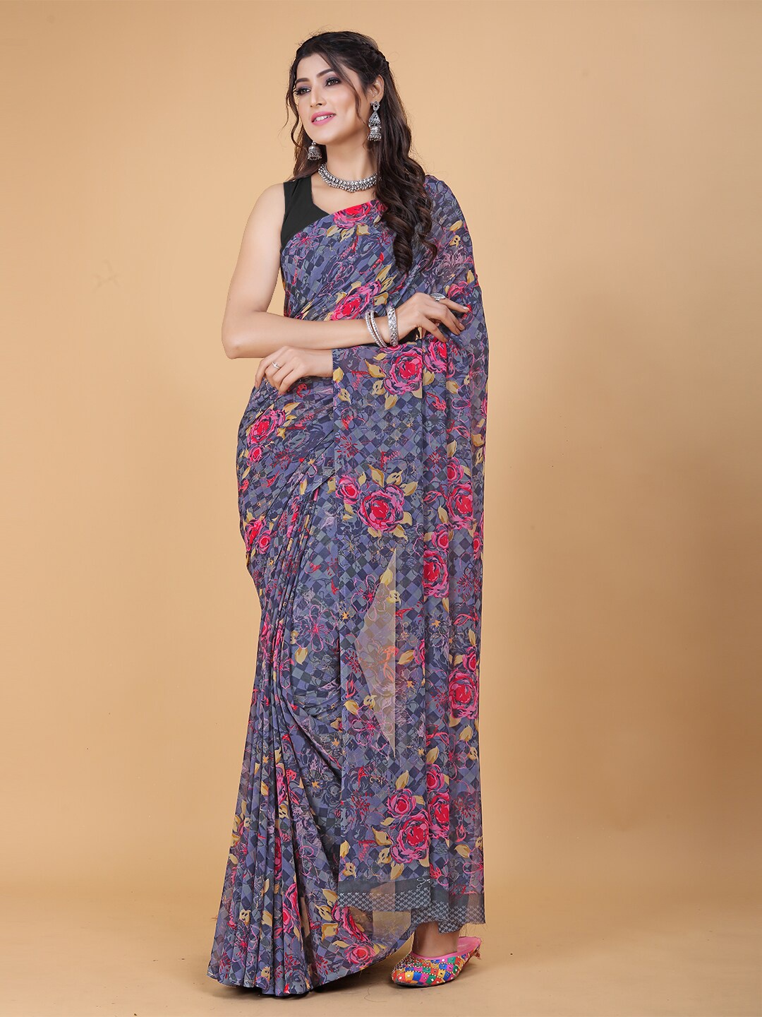 

KALINI Floral Printed Pure Georgette Saree, Blue
