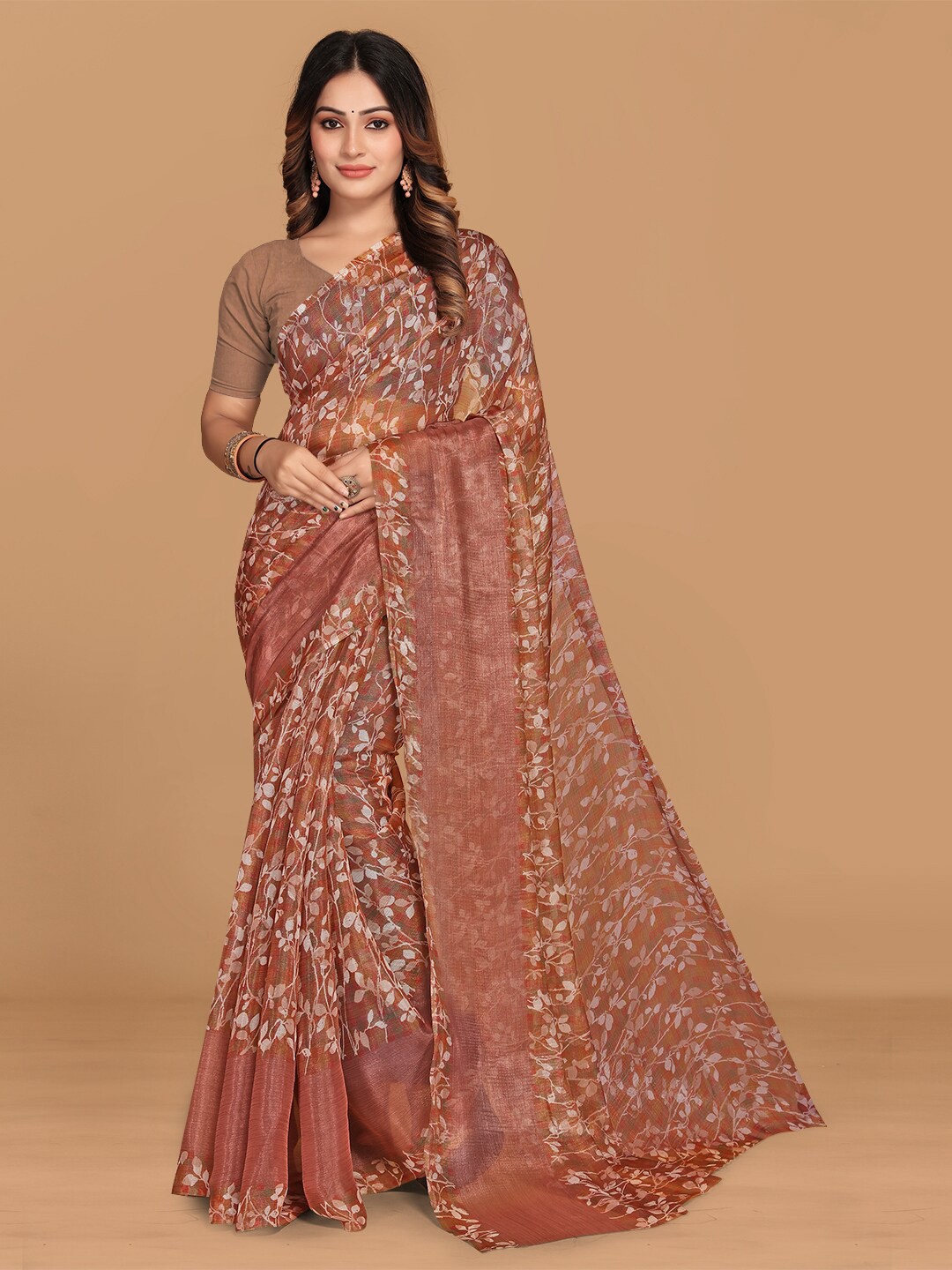 

KALINI Floral Printed Brasso Saree, Brown