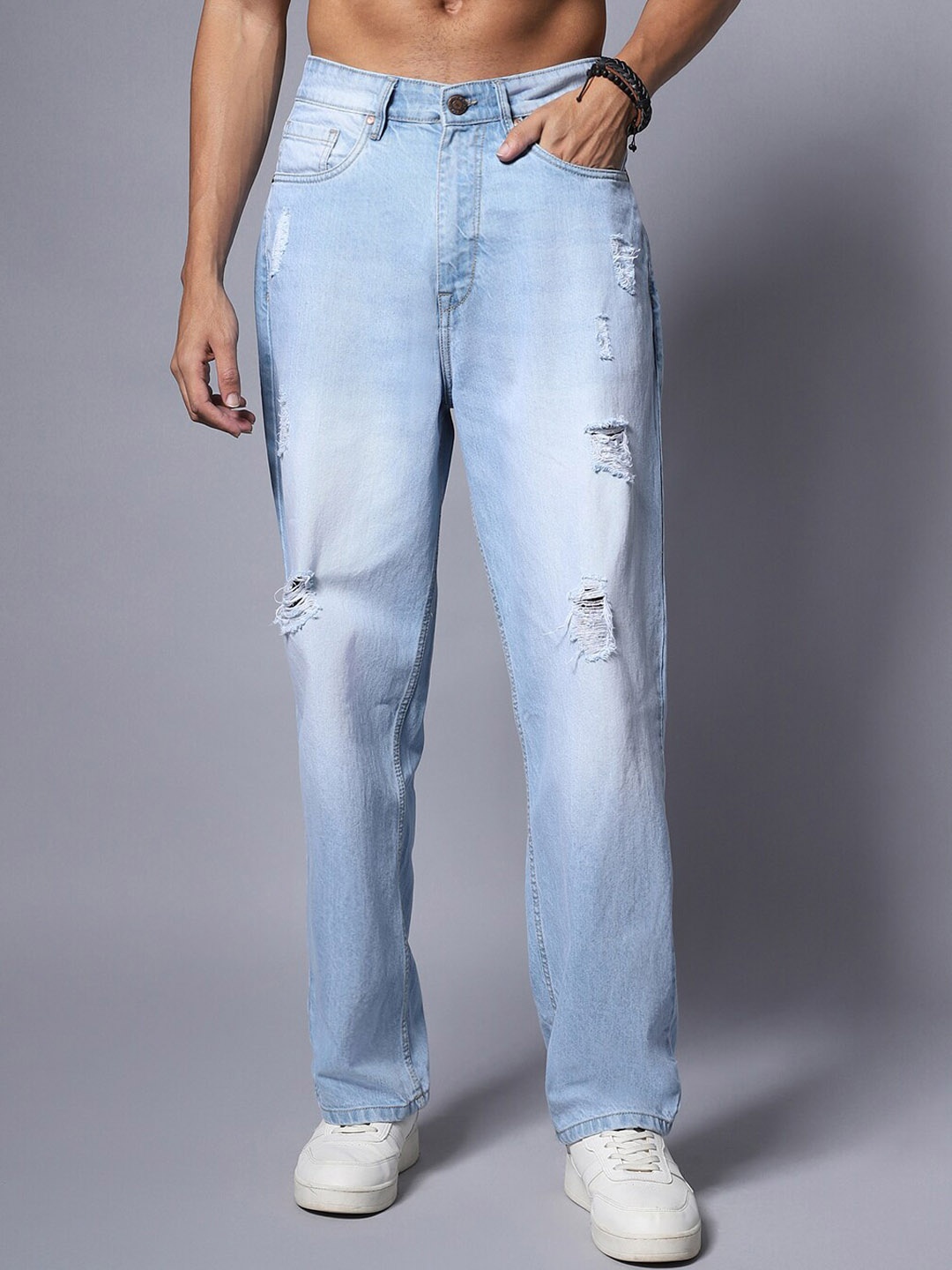 

High Star Pure Cotton Loose Wide Leg Mid Rise Jeans, Blue